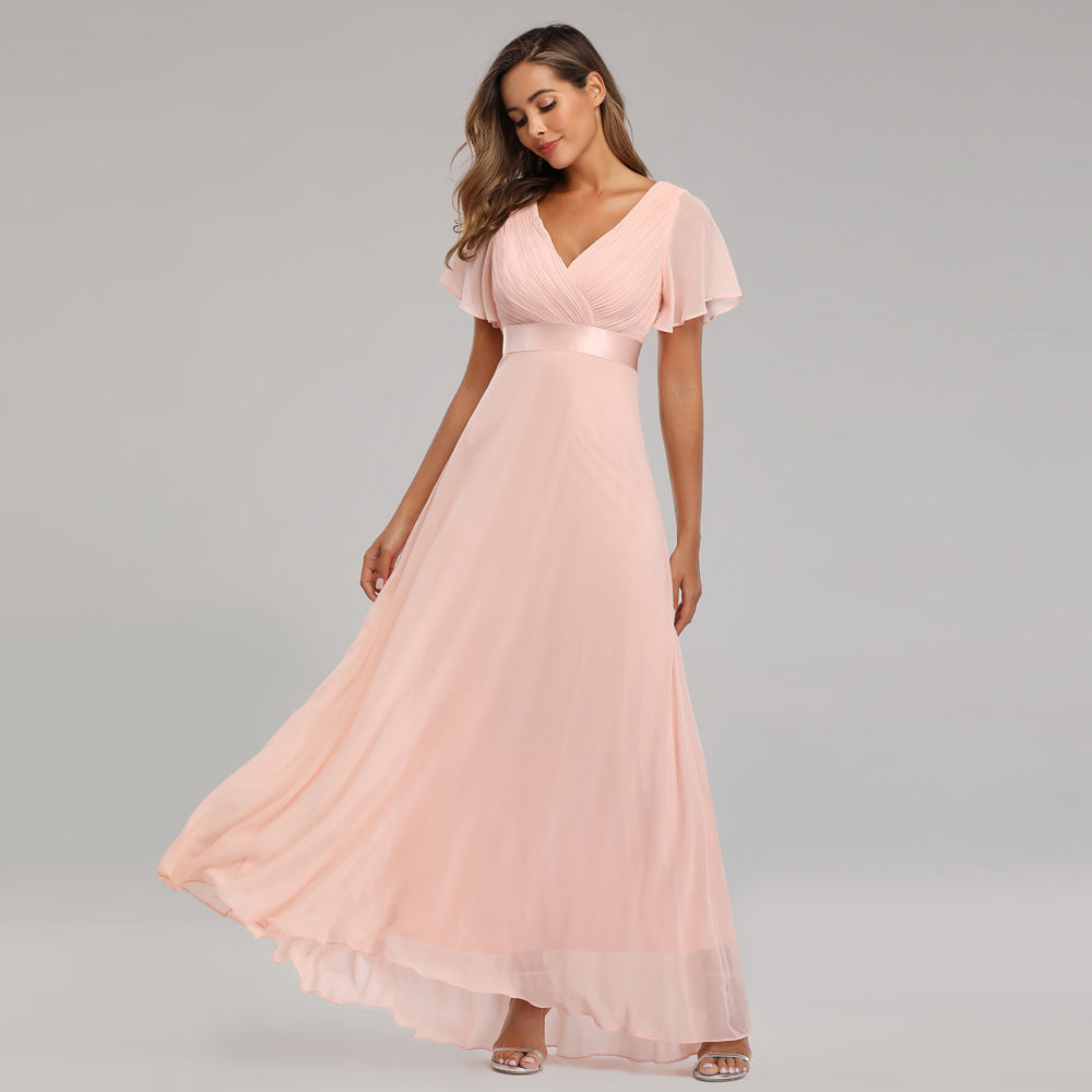 Hand-Folded Large V-neck Dress Chiffon Elastic Banquet Bridesmaid Evening Dress for Women