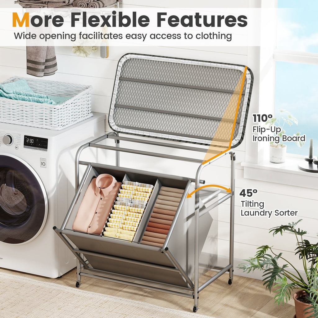 3-Section Laundry Sorter with Foldable Ironing Board and Lockable Wheels-Gray