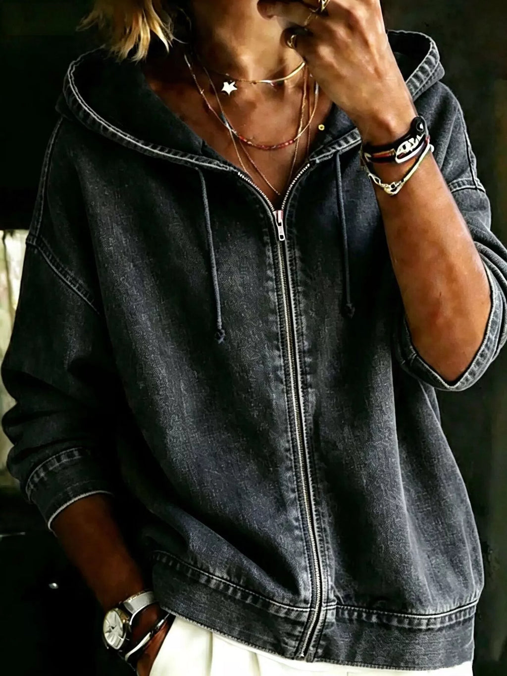 Full Size Zip-Up Dropped Shoulder Hoodie Plus Size