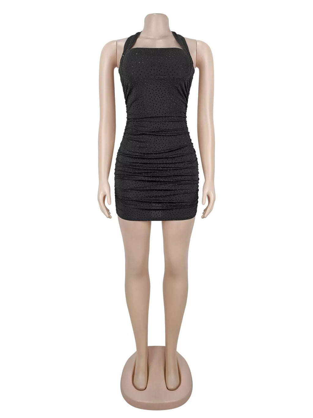 Rhinestone Ruched Halter Neck Bodycon Mini Dress