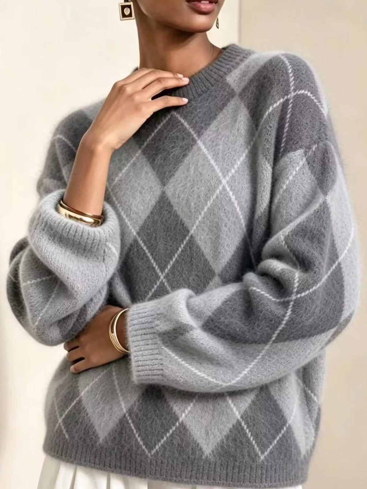 Argyle Pattern Fuzzy Knit Sweater