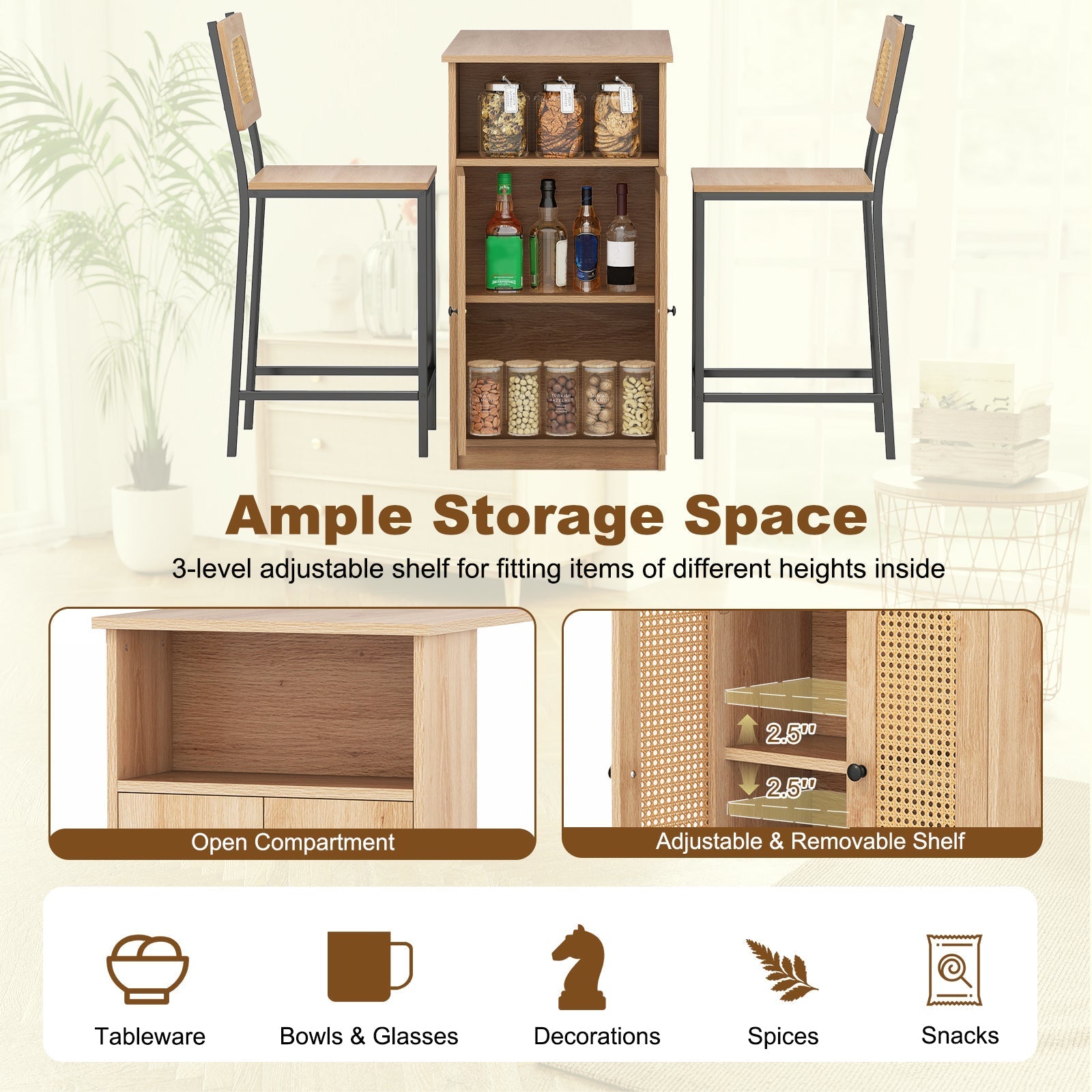 3-Piece Bar Table and Chairs Set with Storage Shelves and Footrests-Natural