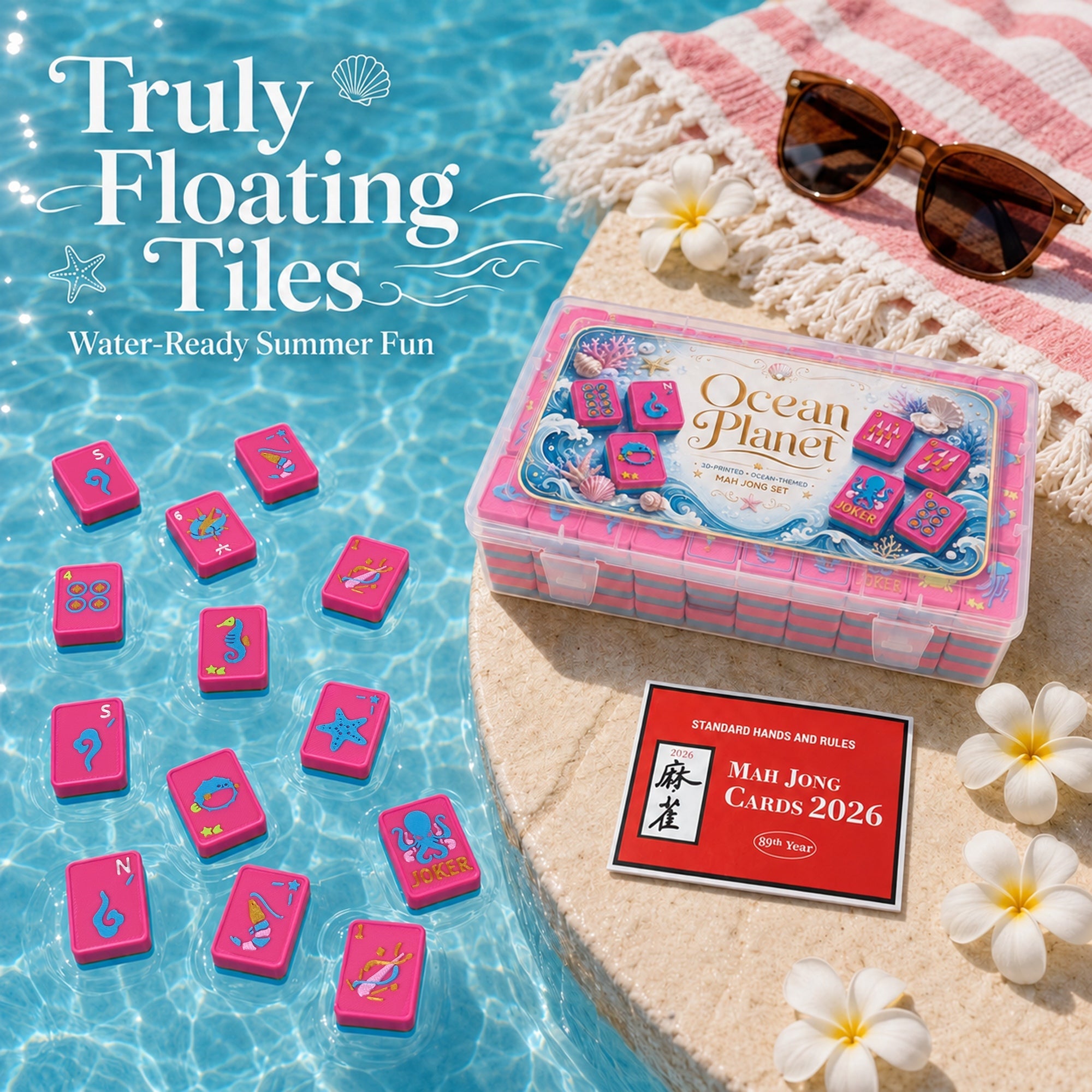 160PCS Floating American Mahjong Set Ocean Theme, Acrylic Mahjong Tiles With Storage Box, Dice And Rule Cards For Pool Party Travel Game Night