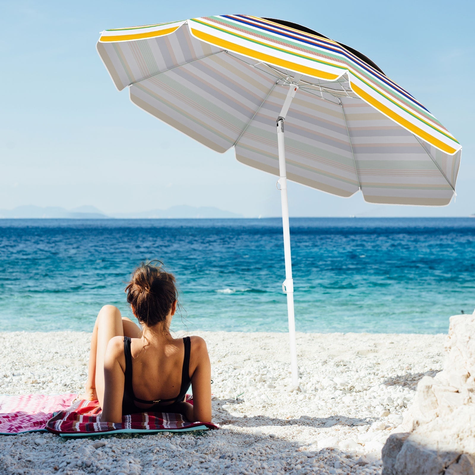 6.5 Feet Beach Umbrella with UPF50+ Sun Protection and Push Button Tilt-Colorful