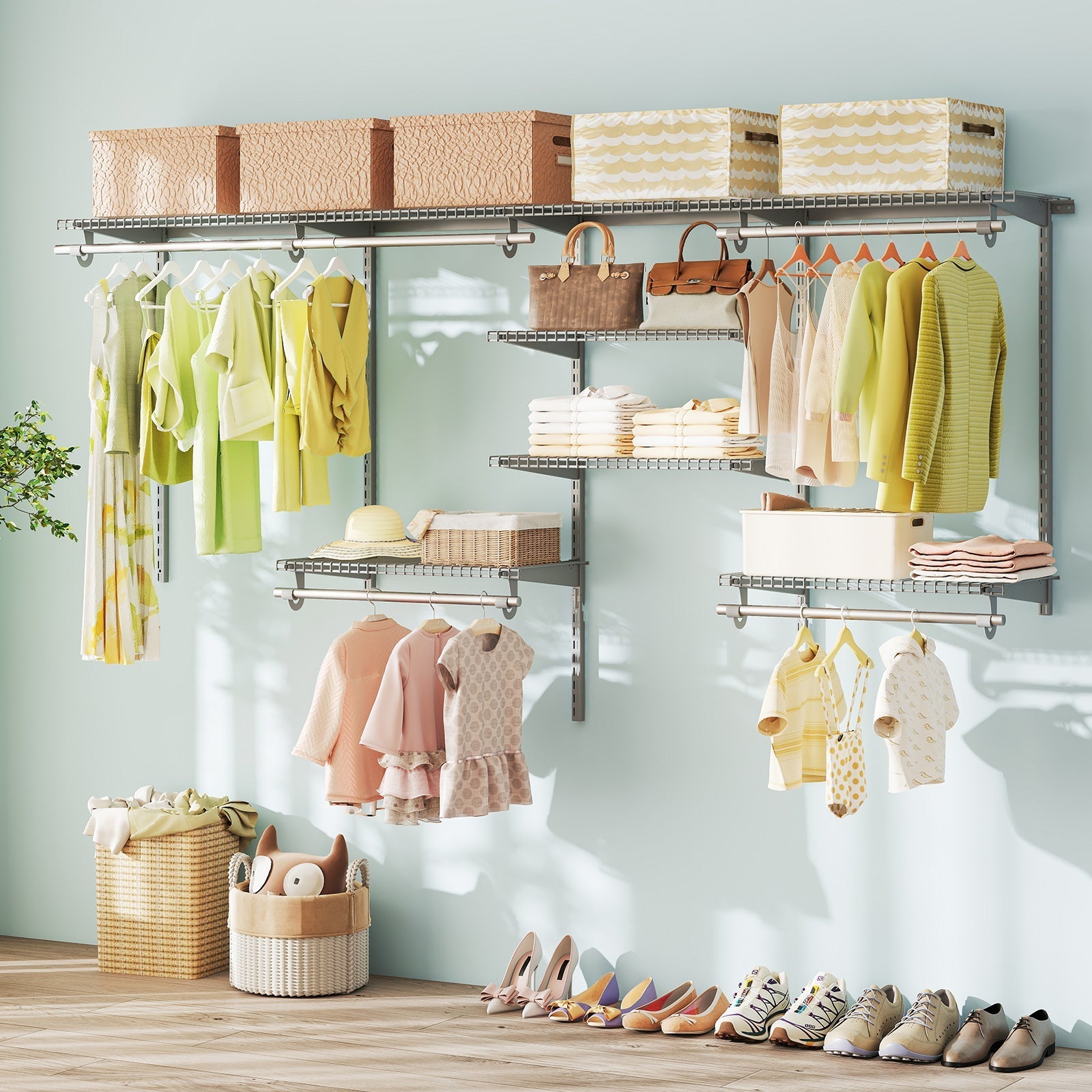 4-8 Feet Closet Organizers and Storage System with Hanging Rod for Laundry Bedroom