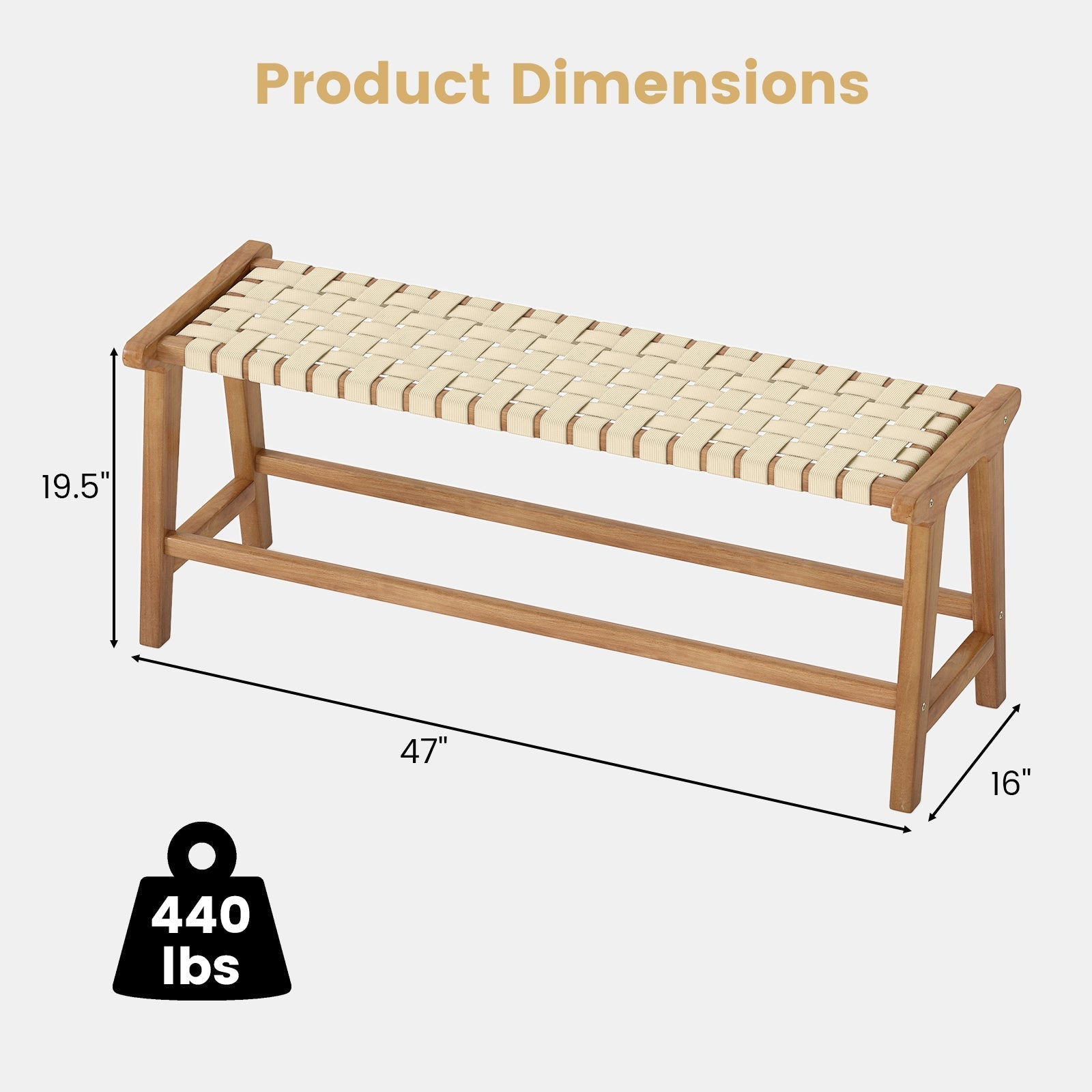 47 Inches Long Teak Wood Patio Bench with Weave Seat and Solid Wood Legs-Natural