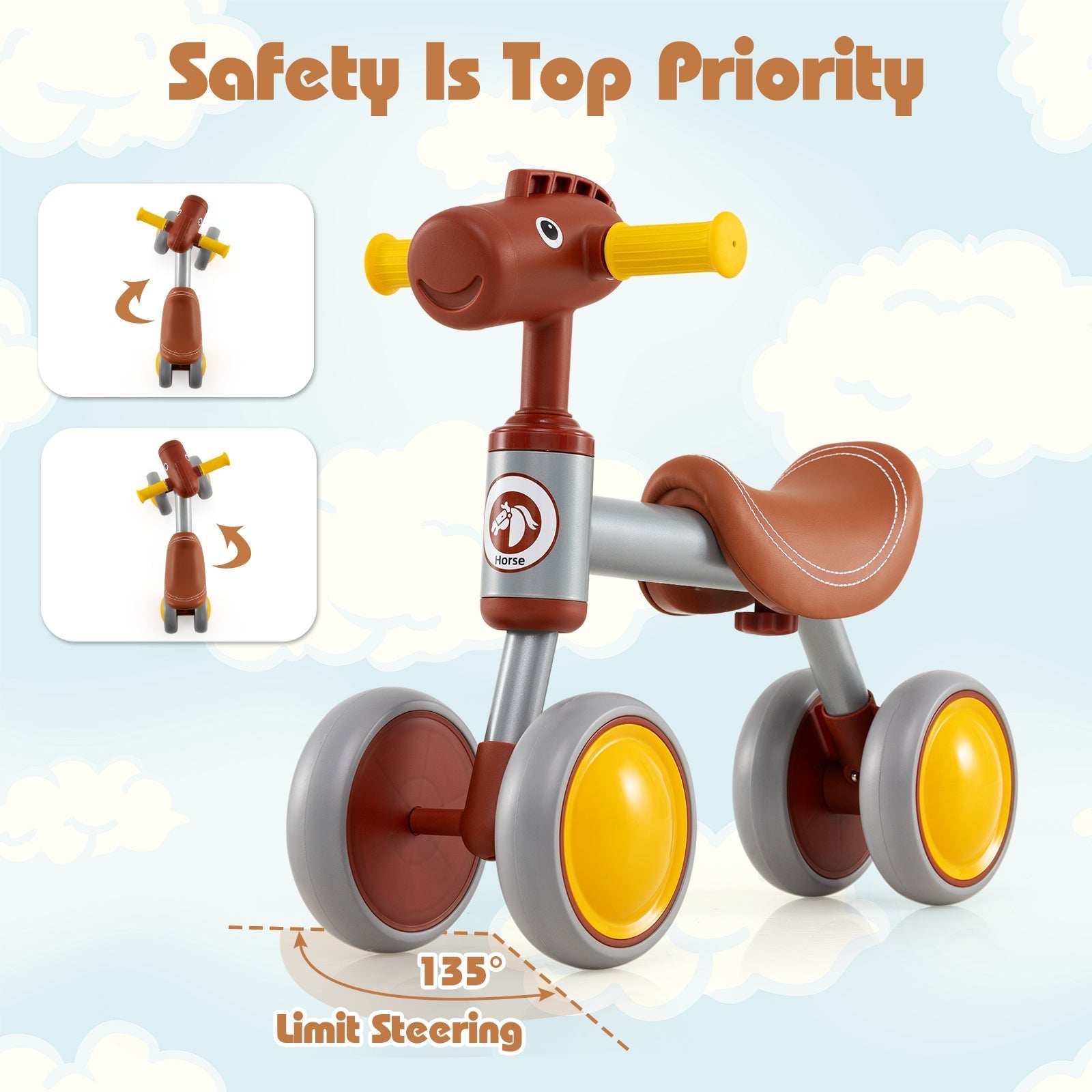 Baby Balance Bike No Pedal 4-Wheel Bicycle-Brown