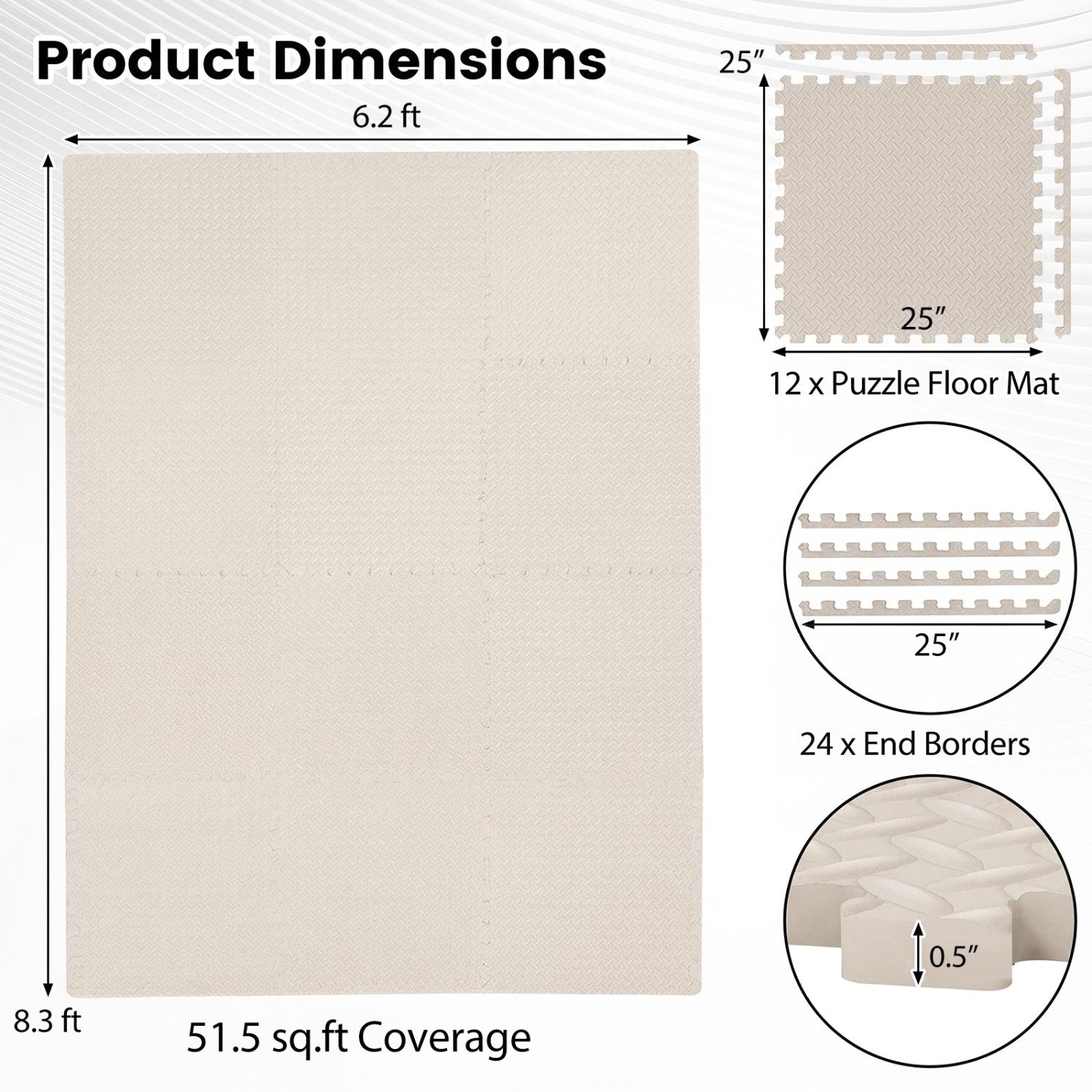 Puzzle Exercise Floor Mats 1/2 Inch Thick - 12 Tiles