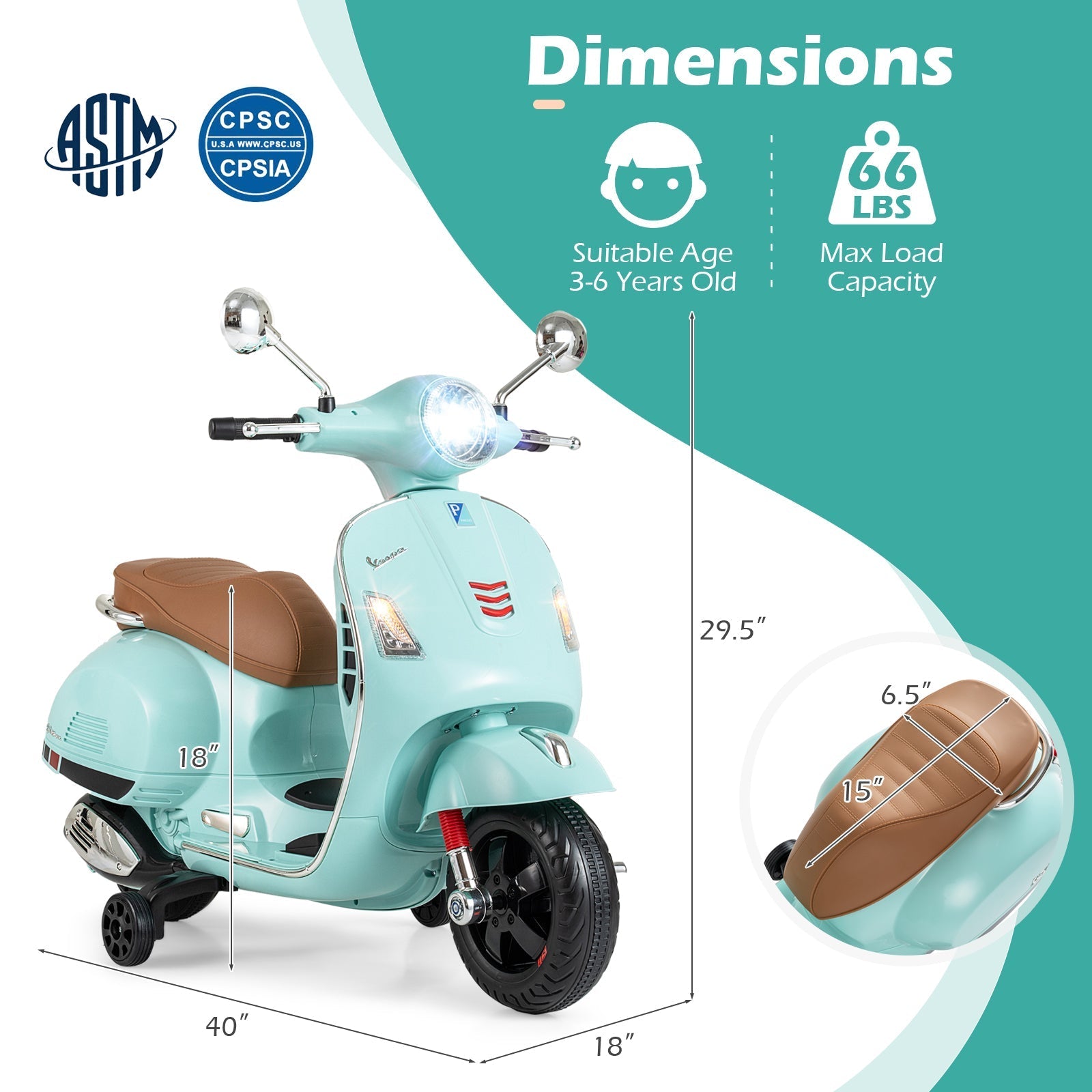 12V Kids Electric Motorcycle Licensed VESPA with Music and Training Wheels