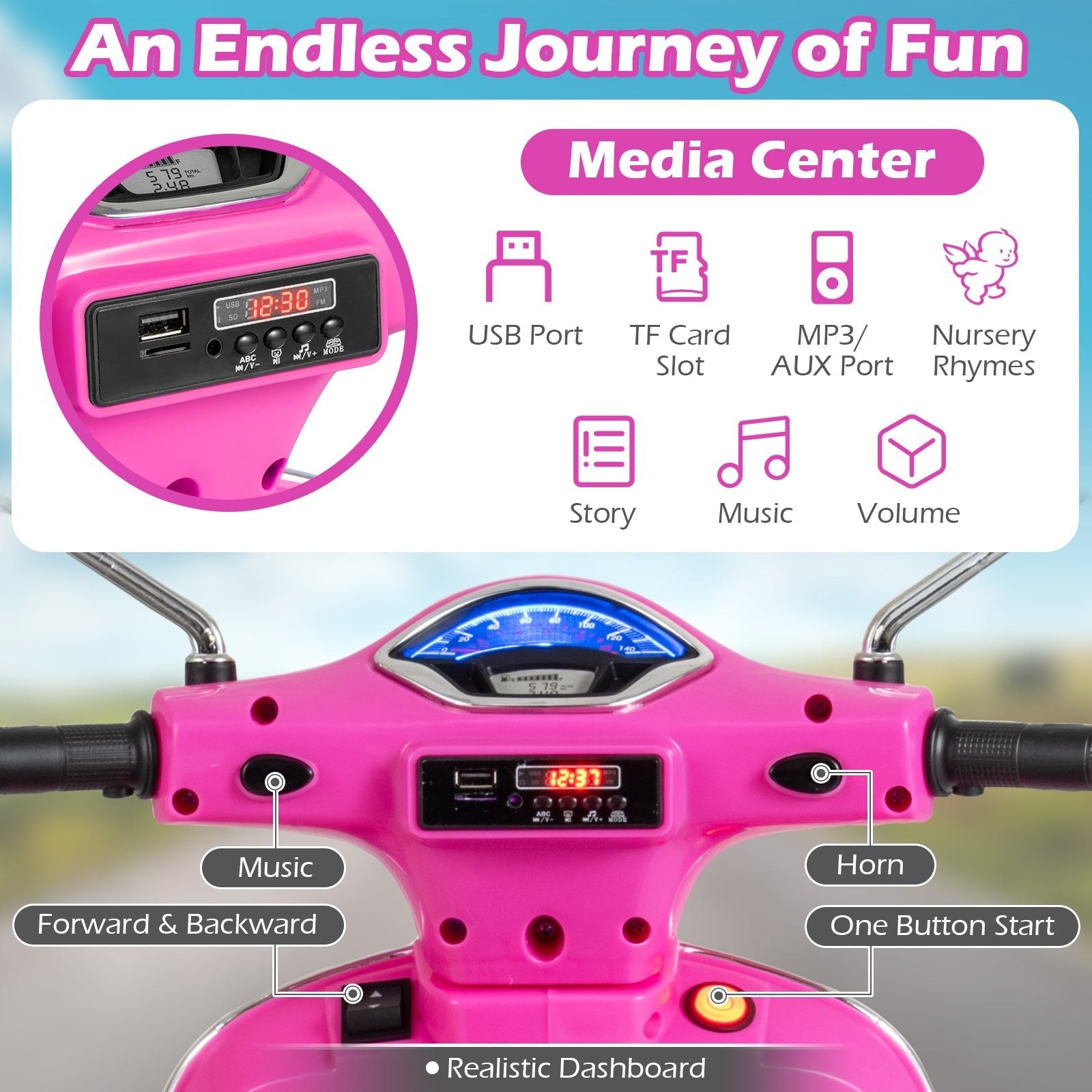 12V Kids Electric Motorcycle Licensed VESPA with Music and Training Wheels