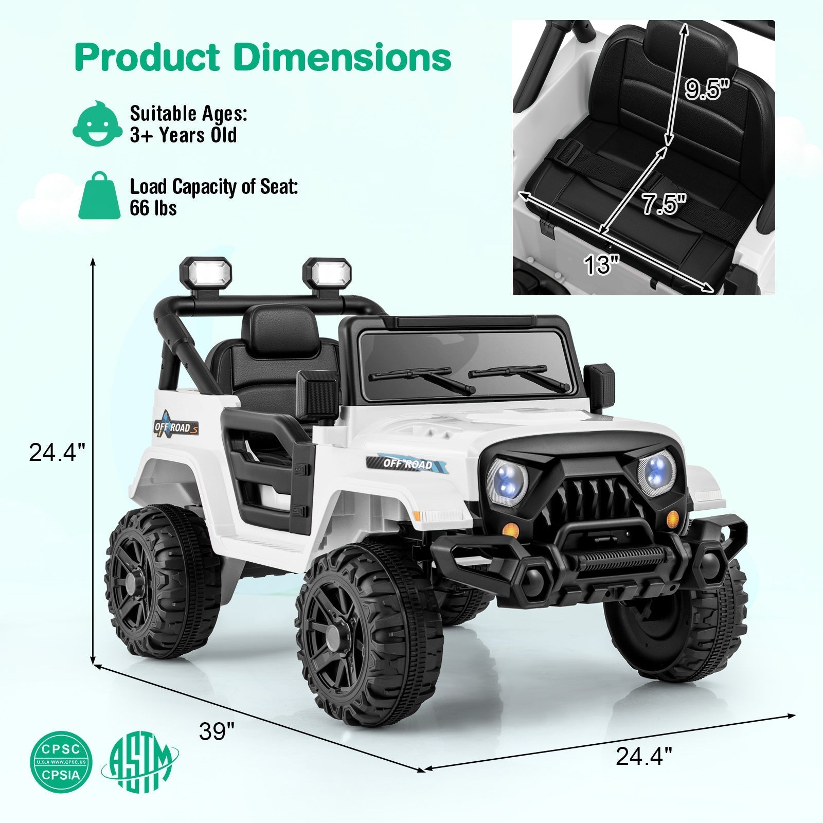 12V Kids Ride on Truck Car with Remote Control Threaded Wheels and 3 Speeds