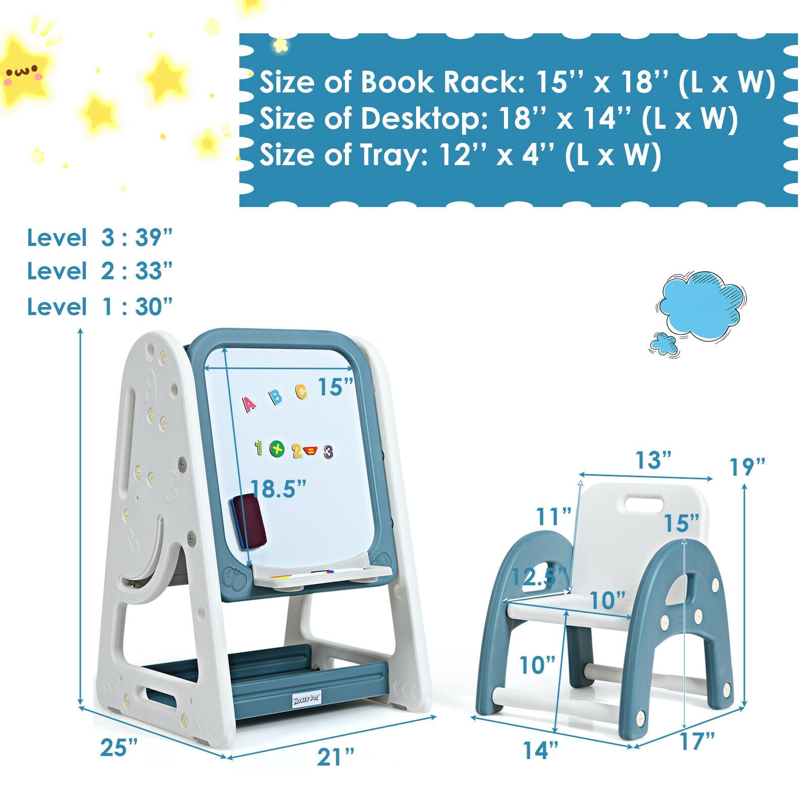 2-in-1 Kids Easel Desk Chair Set Book Rack Adjustable Art Painting Board