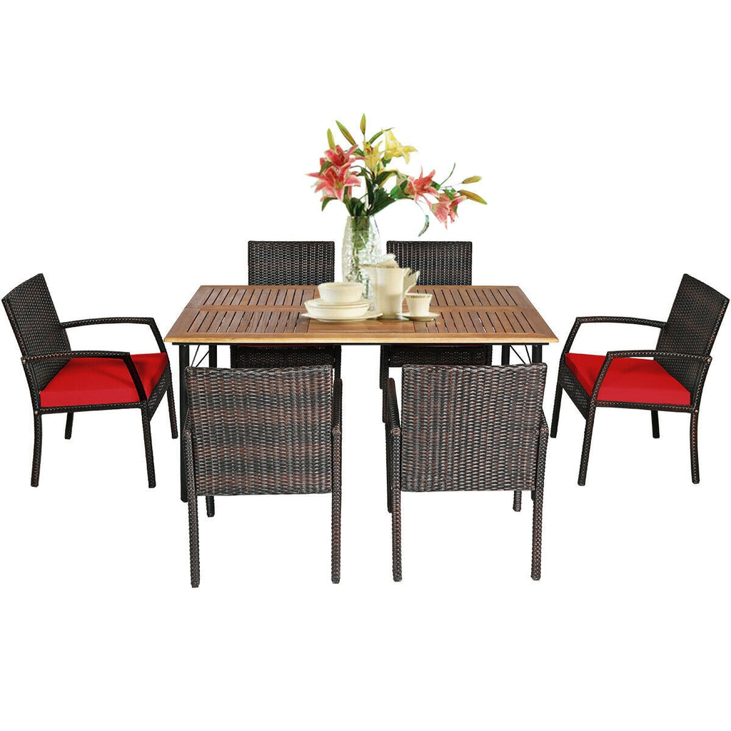 7Pcs Patio Rattan Cushioned Dining Set with Umbrella Hole