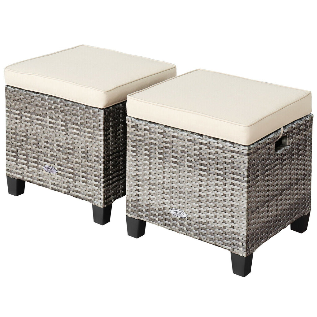 2 Pieces Patio Rattan Ottoman Seat with Removable Cushions-Navy
