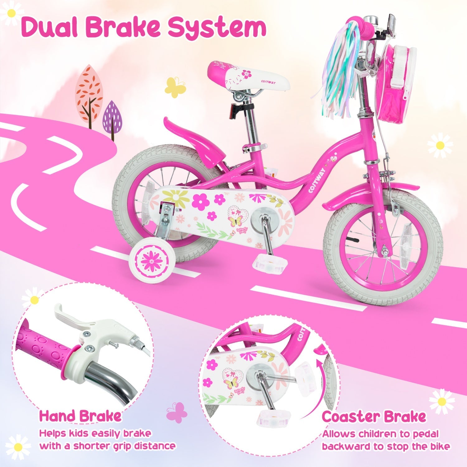 Girls Bike 12-18 Inch with Training Wheels and Front Bag
