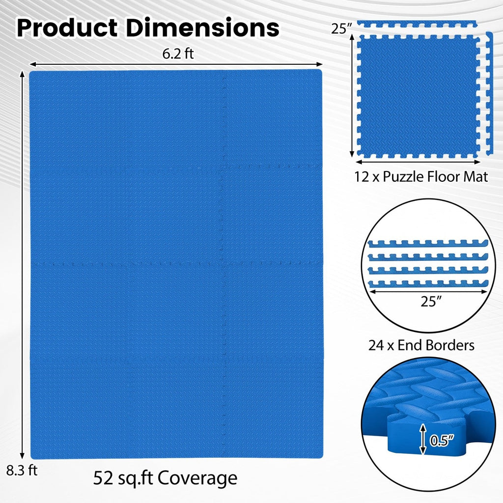 Puzzle Exercise Floor Mats 1/2 Inch Thick - 12 Tiles