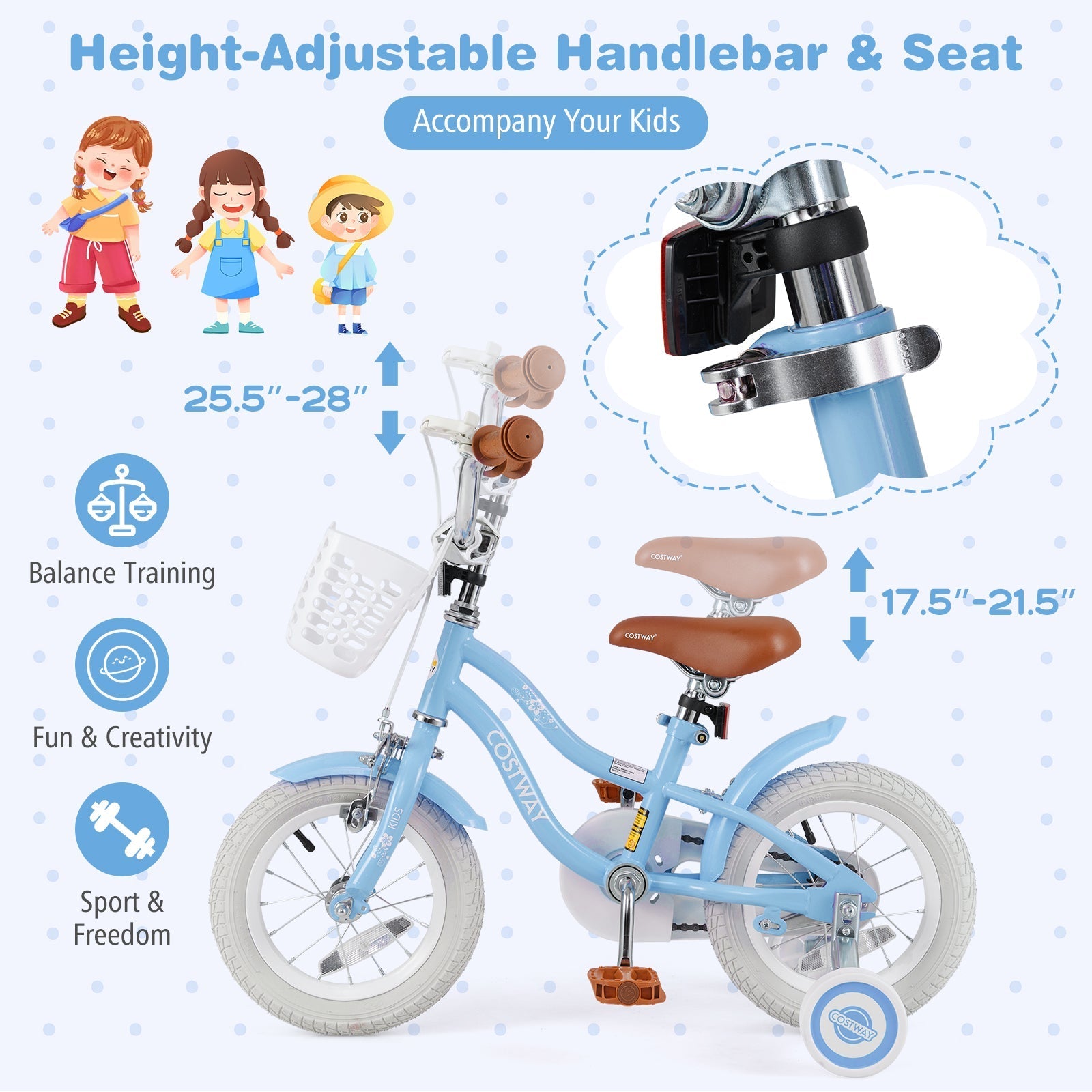 14 Inch Kids Bike with Adjustable Handlebar and Seat for 3-5 Year Old