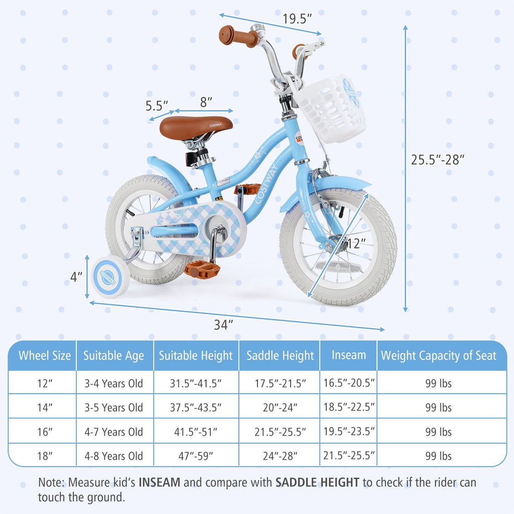 14 Inch Kids Bike with Adjustable Handlebar and Seat for 3-5 Year Old