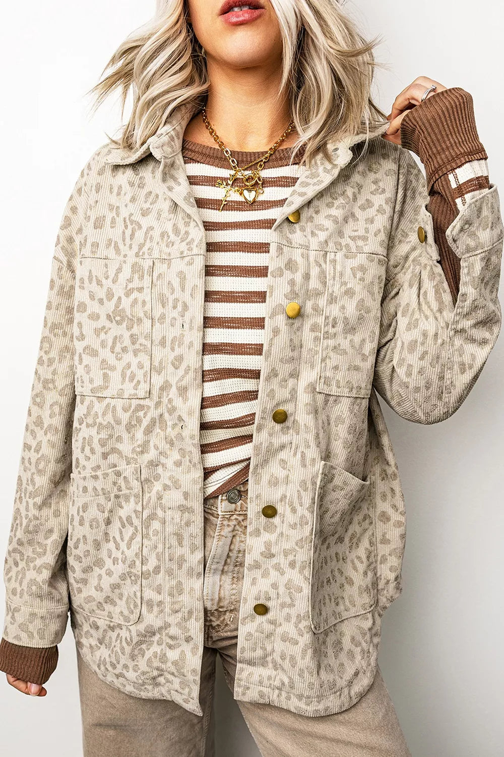 Leopard Print Corduroy Shirt Collar Long Sleeve Regular Fit Jacket