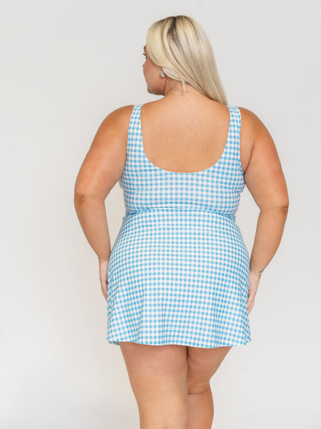 Sky Gingham Boat-Neck Swim Dress