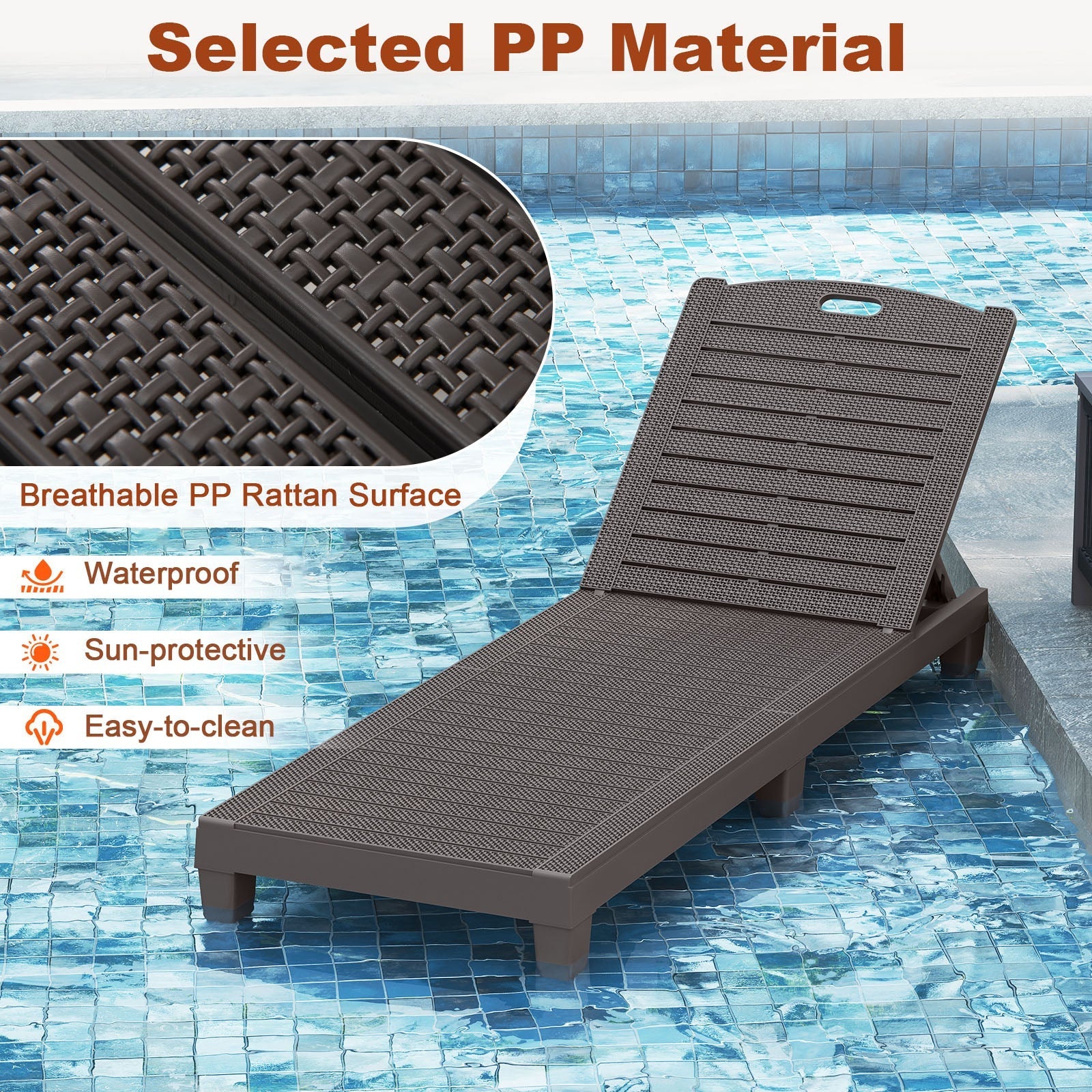 Outdoor PP Chaise Lounge Chairs Set of 2 with 4-Position Adjustable Backrests