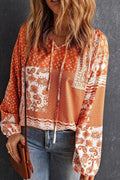 Full Size Paisley Print Tie-Neck Long Sleeve Blouse Plus Size
