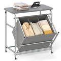 3-Section Laundry Sorter with Foldable Ironing Board and Lockable Wheels-Gray