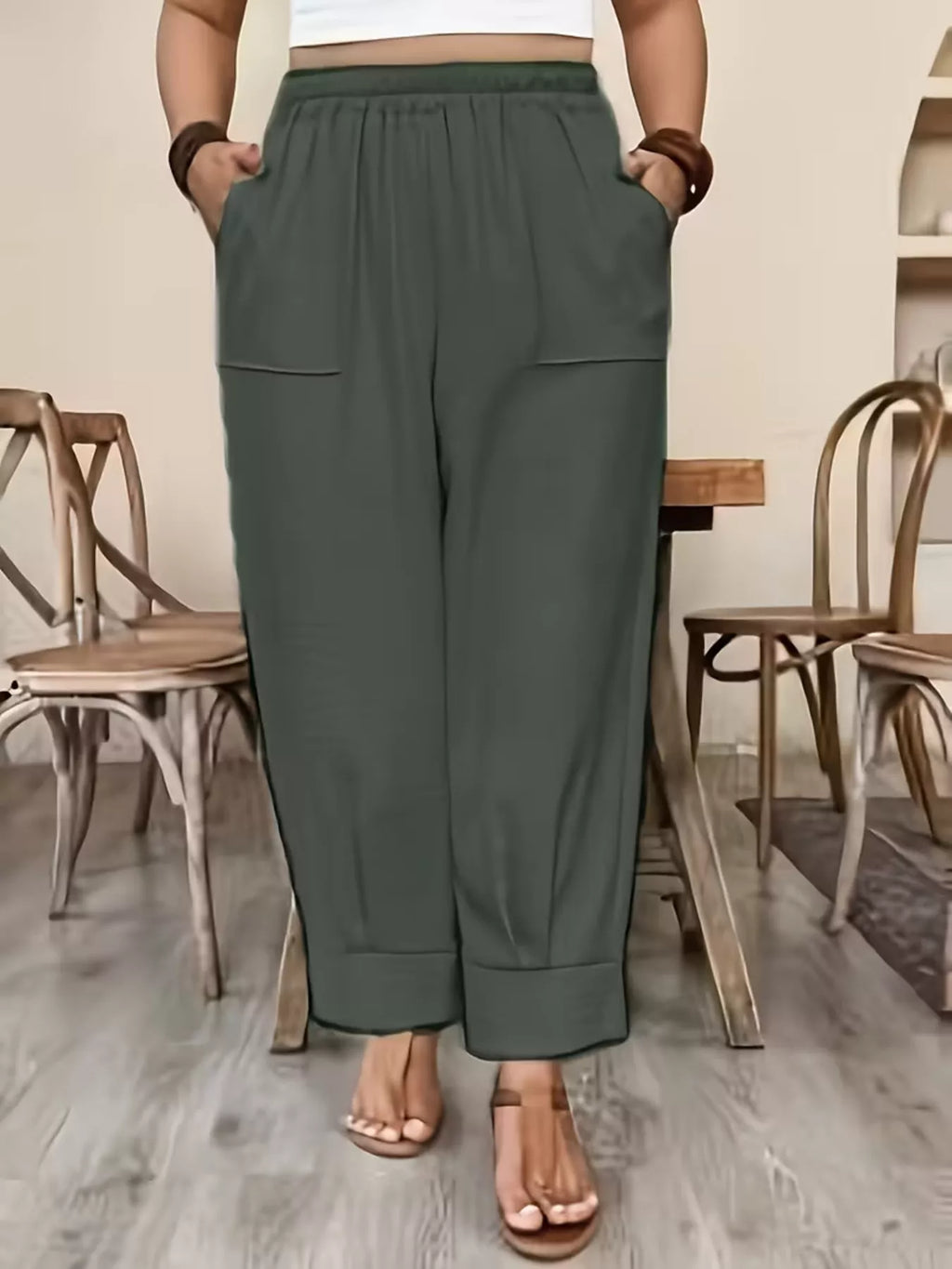 Plus Size High-Waisted Elastic Waist Pants with Pockets