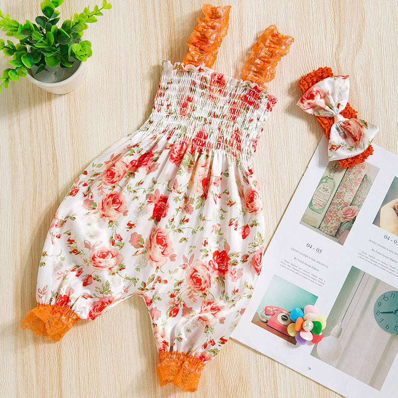 Infant And Toddler Clothing Suspender Top With Waist Tie, Printed Bloomers, Two-piece Set