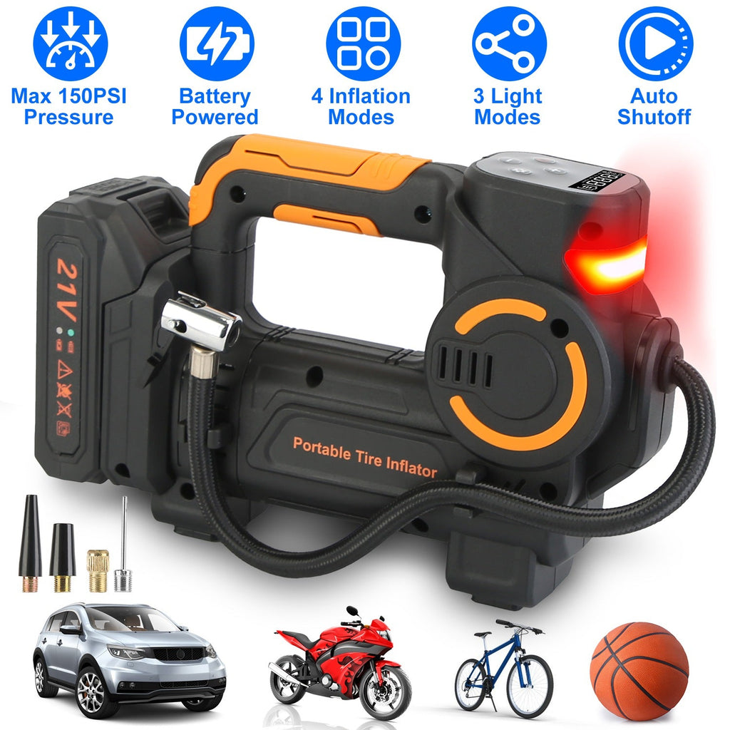 Cordless Tire Inflator with LED Light for Cars & Bikes
