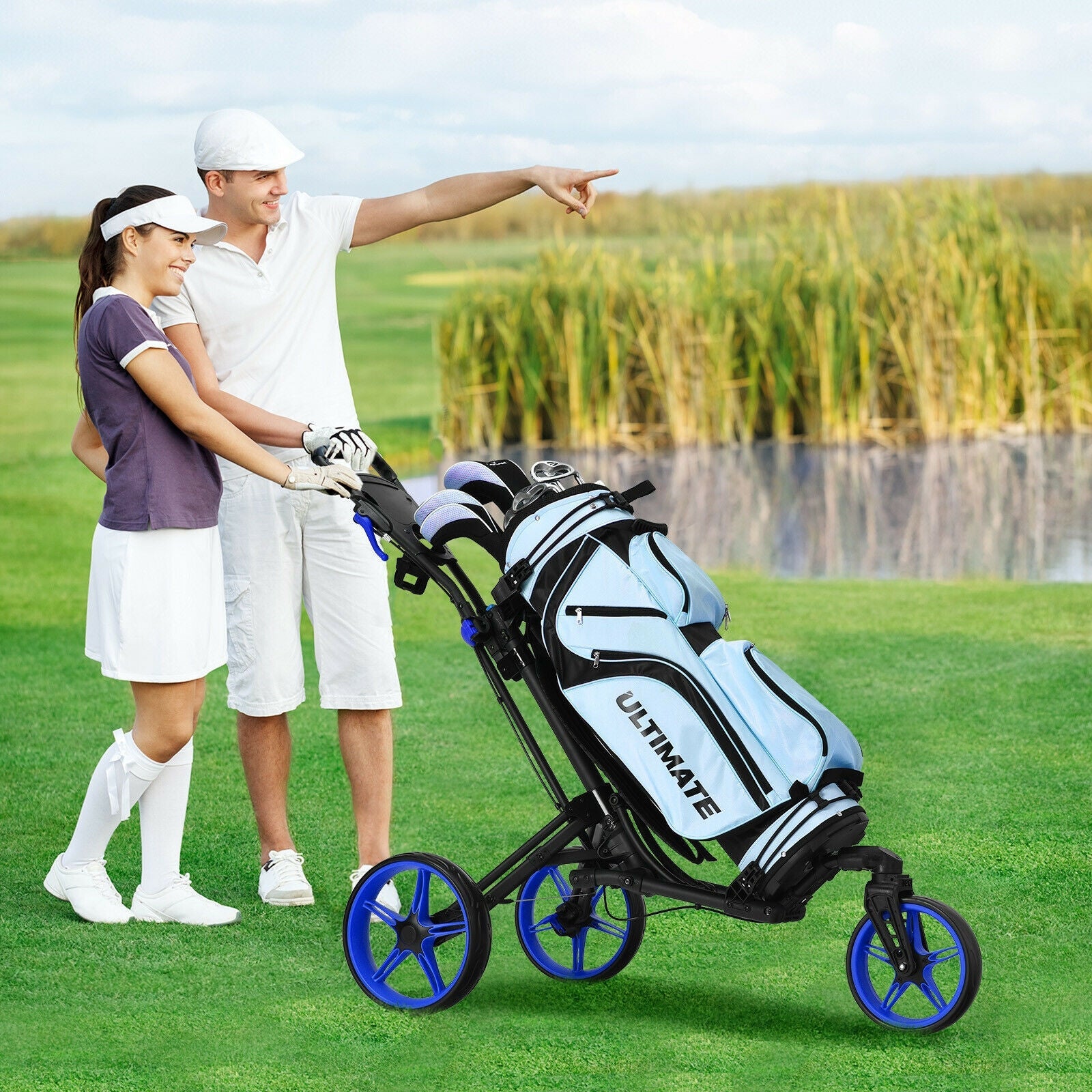 Folding Golf Push Cart with Scoreboard Adjustable Handle Swivel Wheel