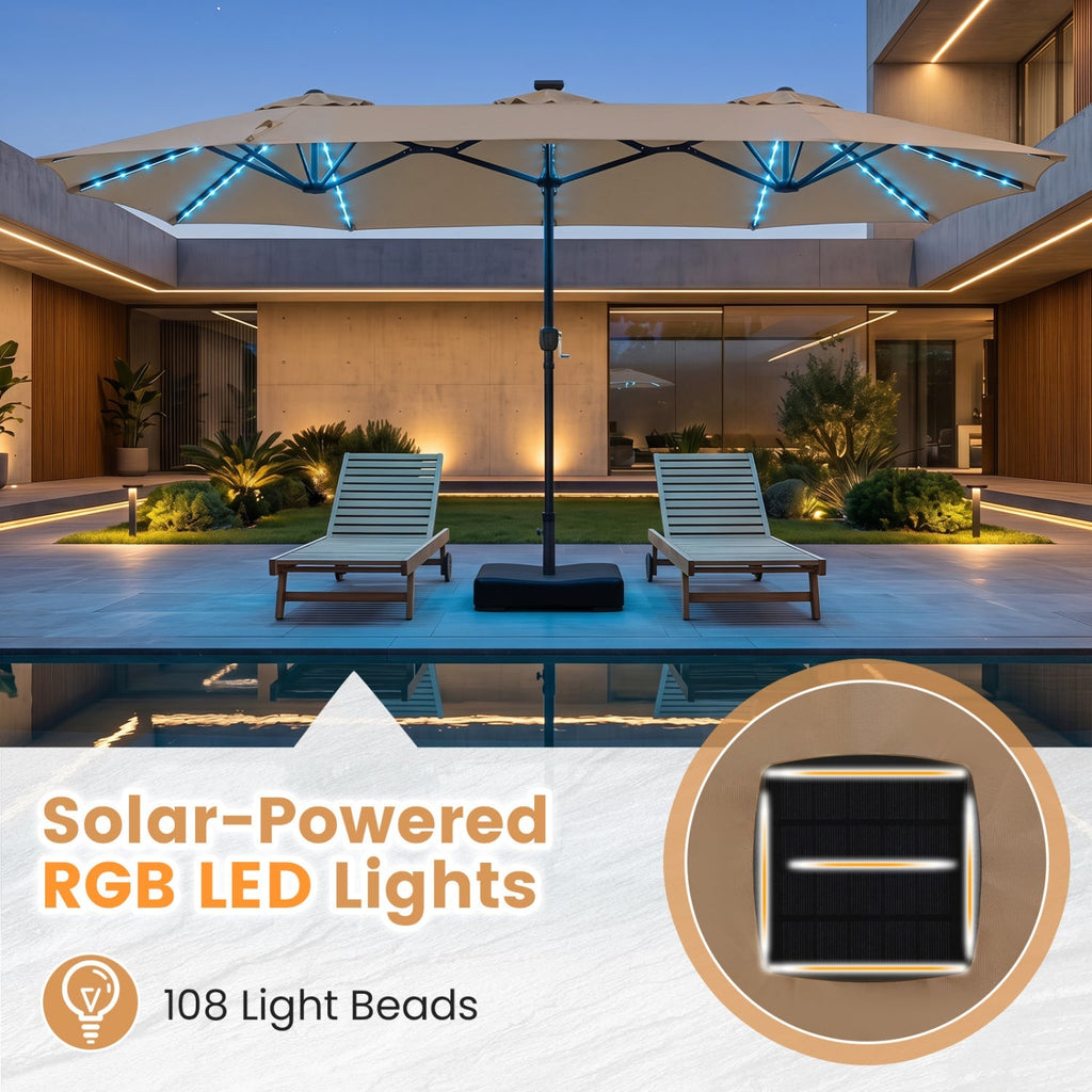 13 FT Double-Sided Patio Umbrella with 108 LED Lights & Base