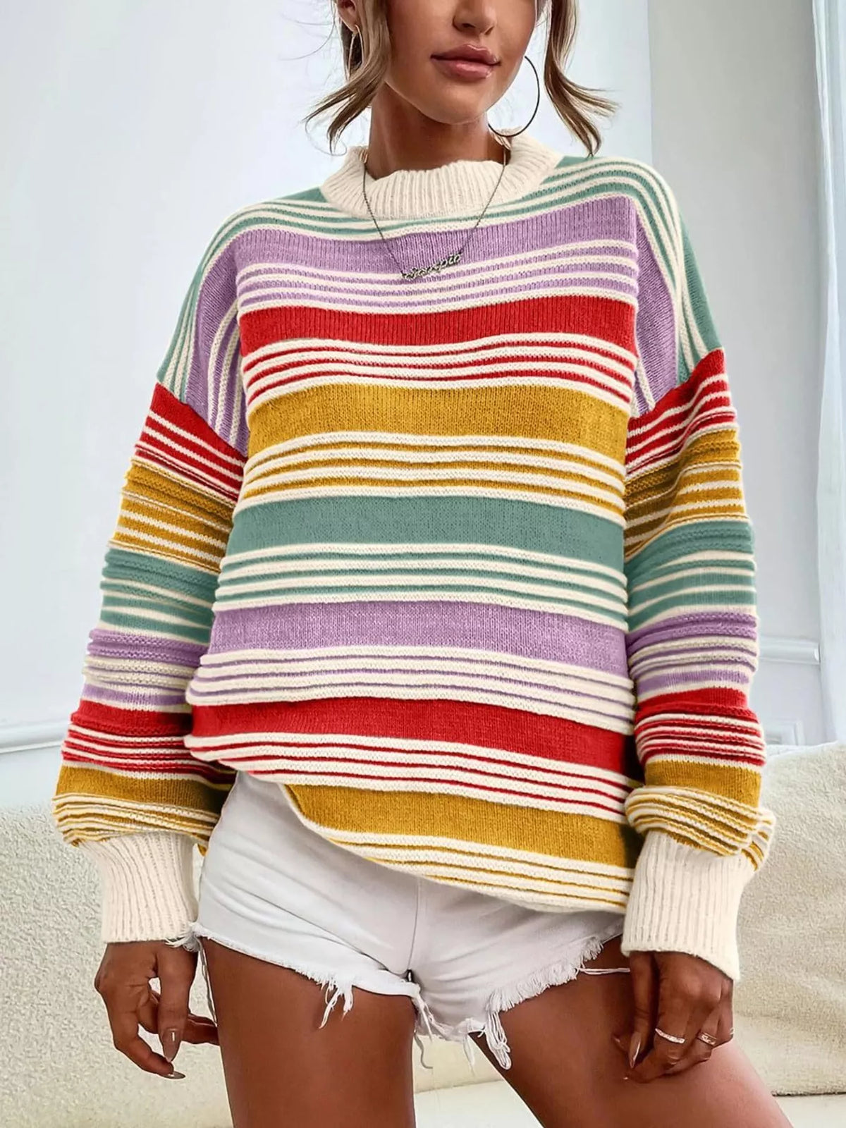 Rainbow Striped Drop Shoulder Oversized Sweater