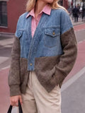 Contrast Denim and Knit Patchwork Cardigan