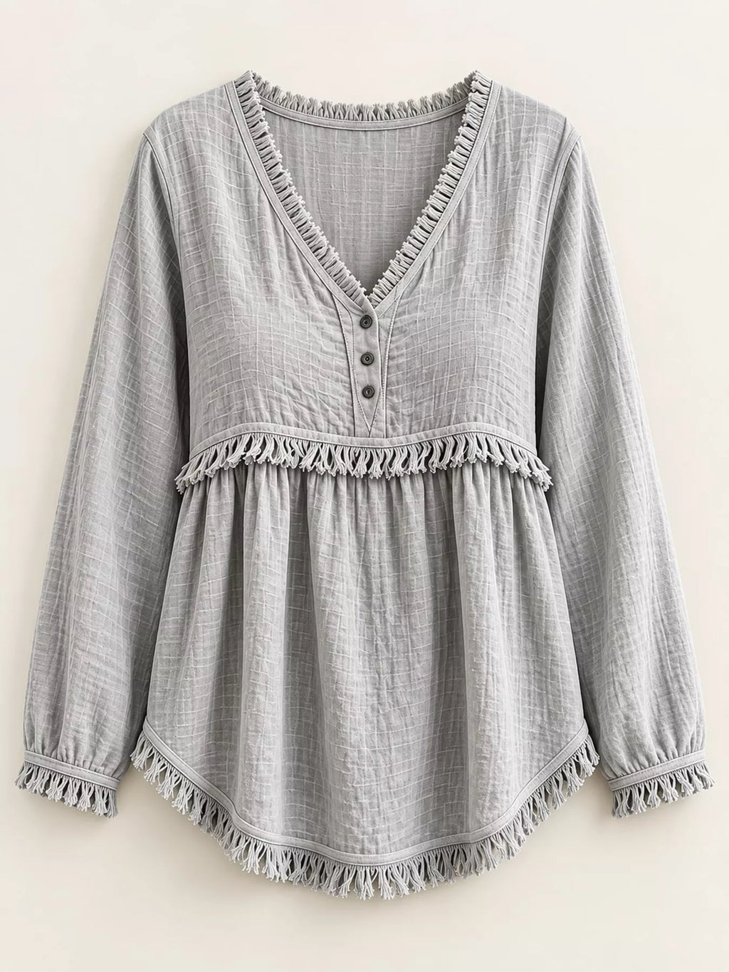 Full Size Fringed Trim V-Neck Long Sleeve Blouse Plus Size