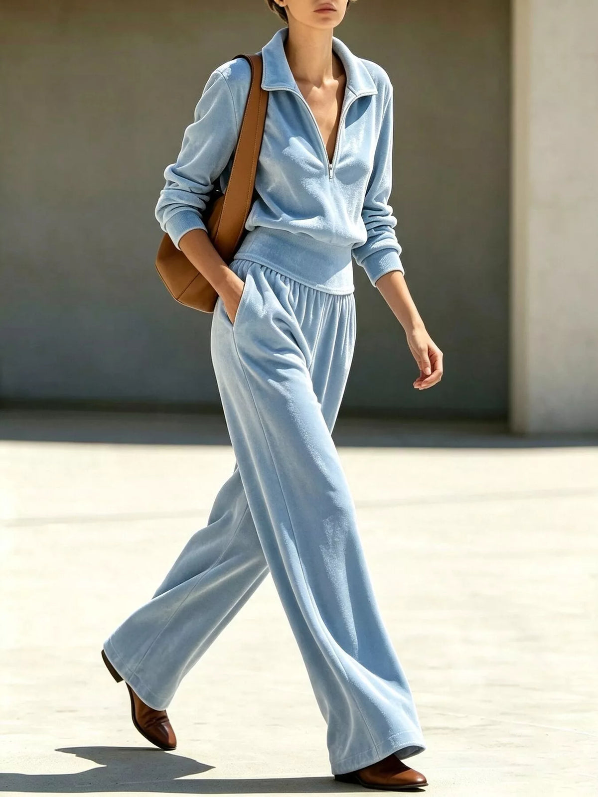 Full Size Half Zip Sweatshirt and Wide-Leg Pants Set Plus Size