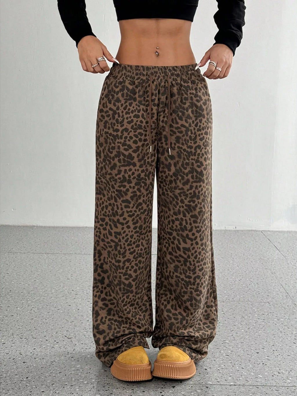 Leopard Wide-Leg Drawstring Pants