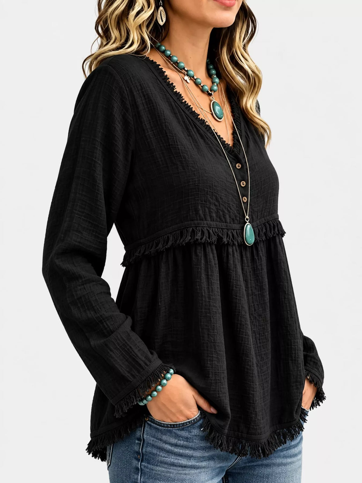 Full Size Fringed Trim V-Neck Long Sleeve Blouse Plus Size