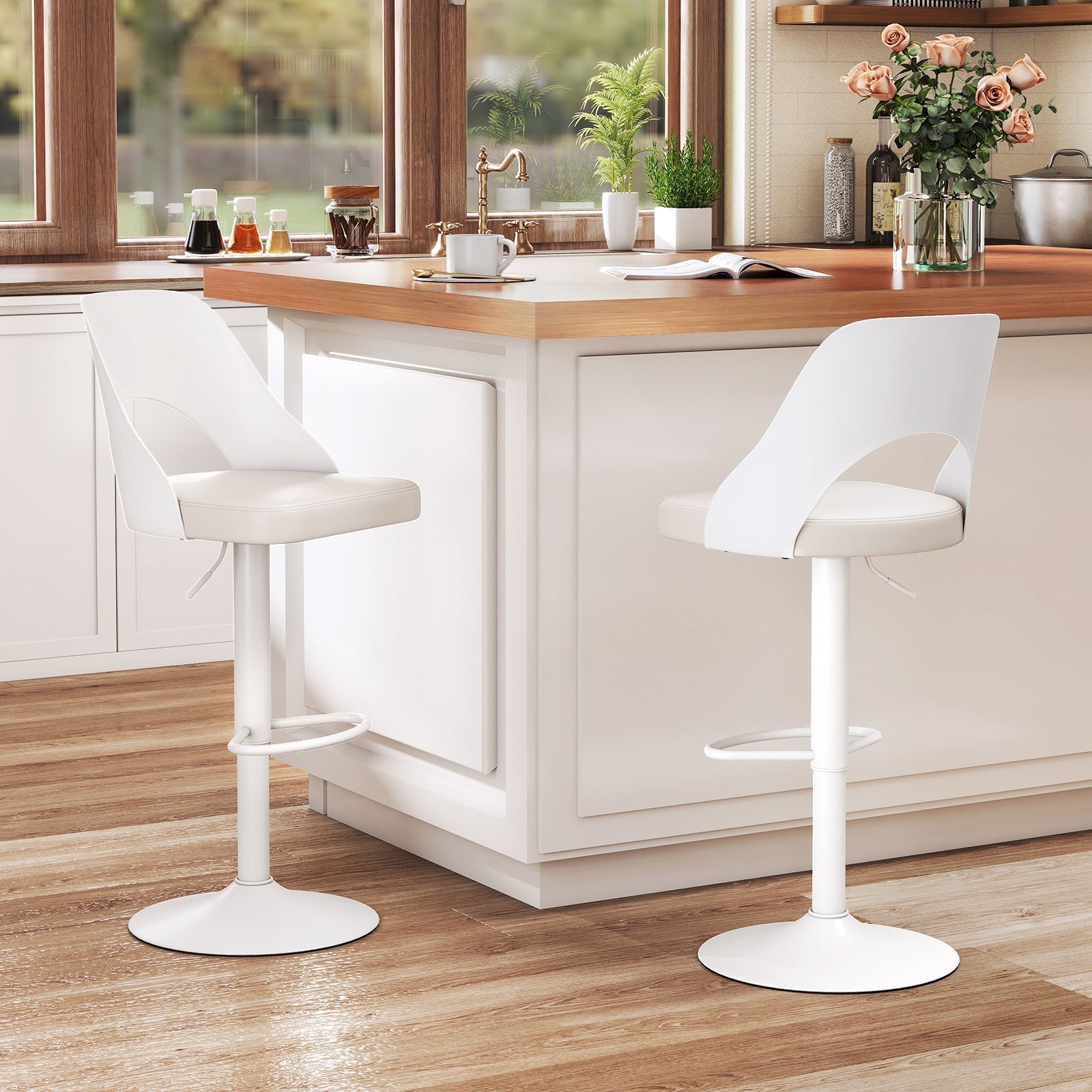 Bar Stools Set of 2 with Enlarged PU Leather Seat and Footrest