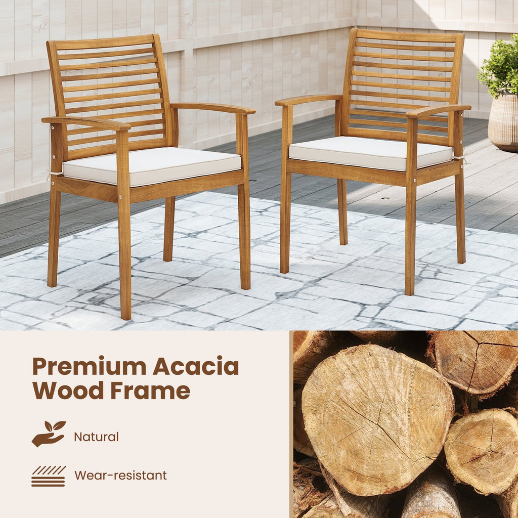Outdoor Patio Dining Chairs Set of 2 with Removable Padded Cushion and Slatted Backrest-Beige