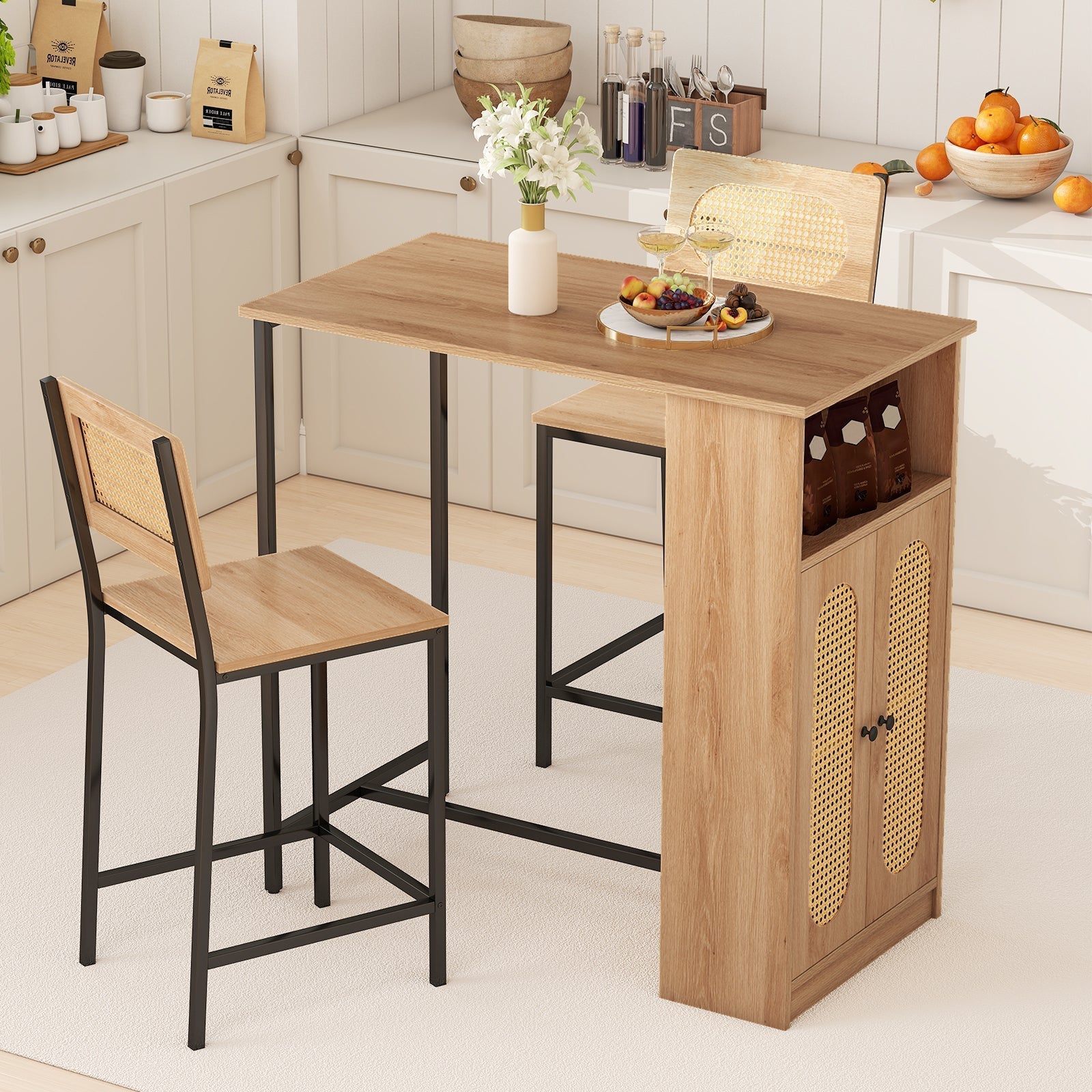 3-Piece Bar Table and Chairs Set with Storage Shelves and Footrests-Natural