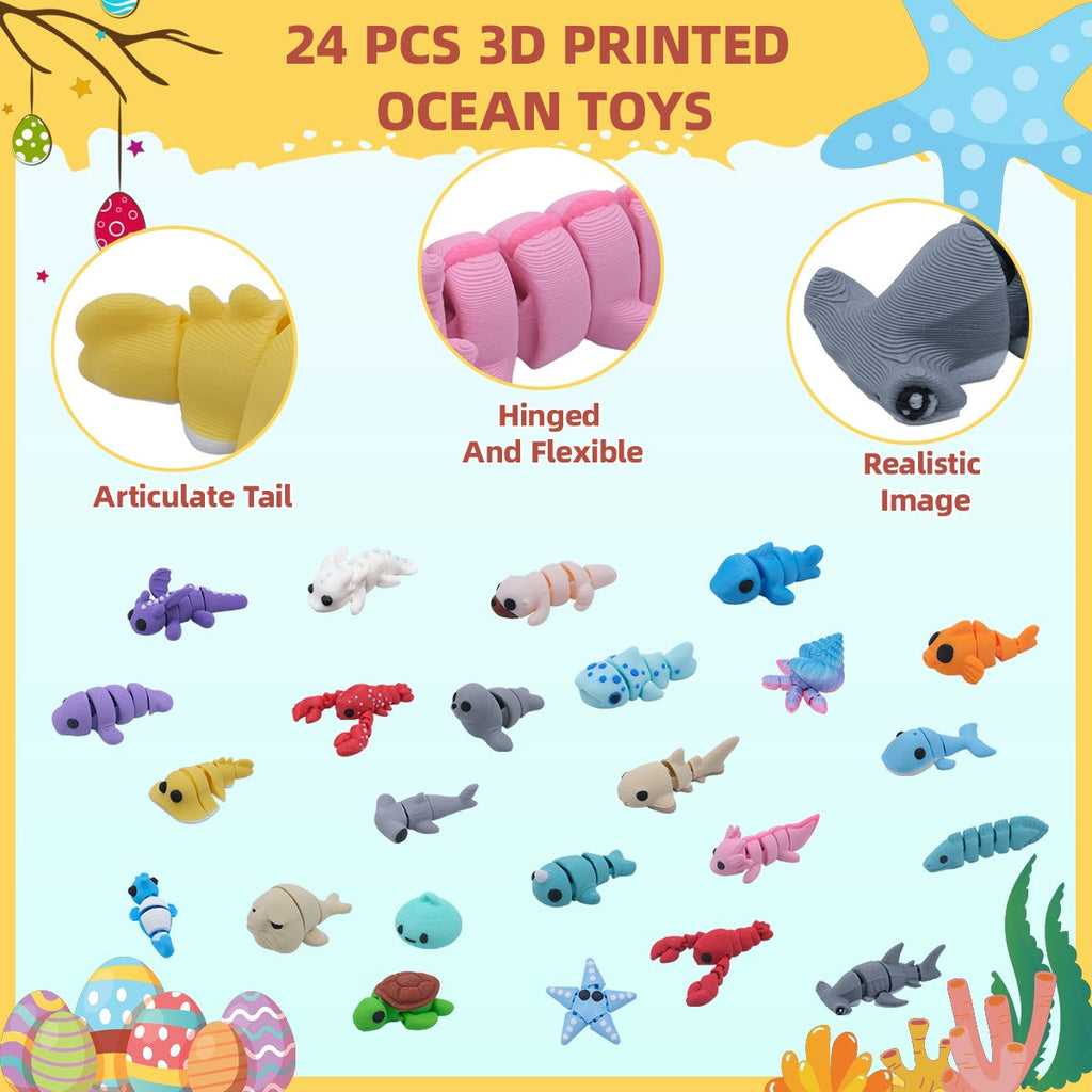 24PCS 3D Printed Mini Ocean Animals With 6 Easter Eggs, Articulated Flexible Sea Creature Figures, Shark Turtle Lobster Starfish Fish Assortment