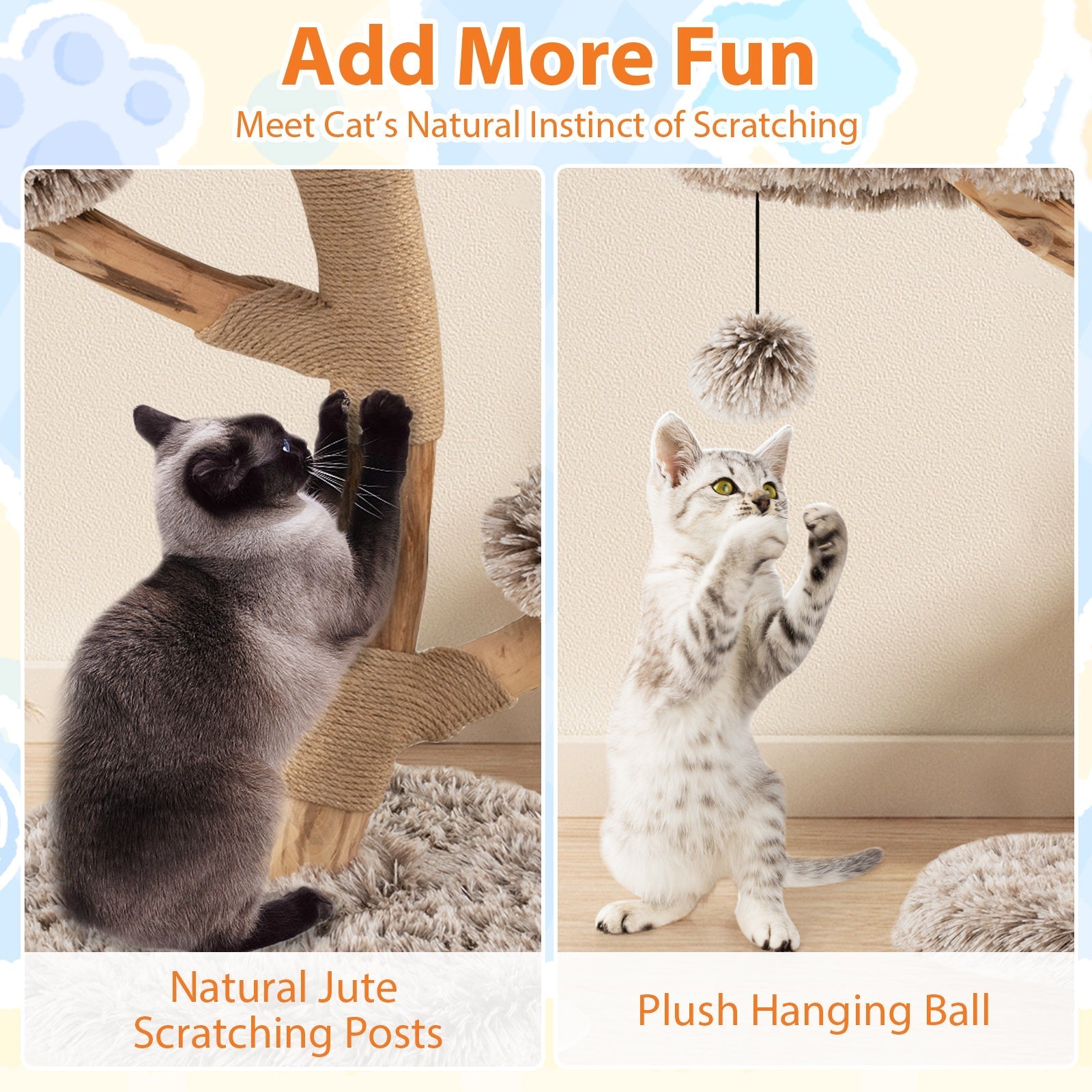 Cat Tree Solid Pear Wood with Perch and Natural Jute Scratching Posts-Brown