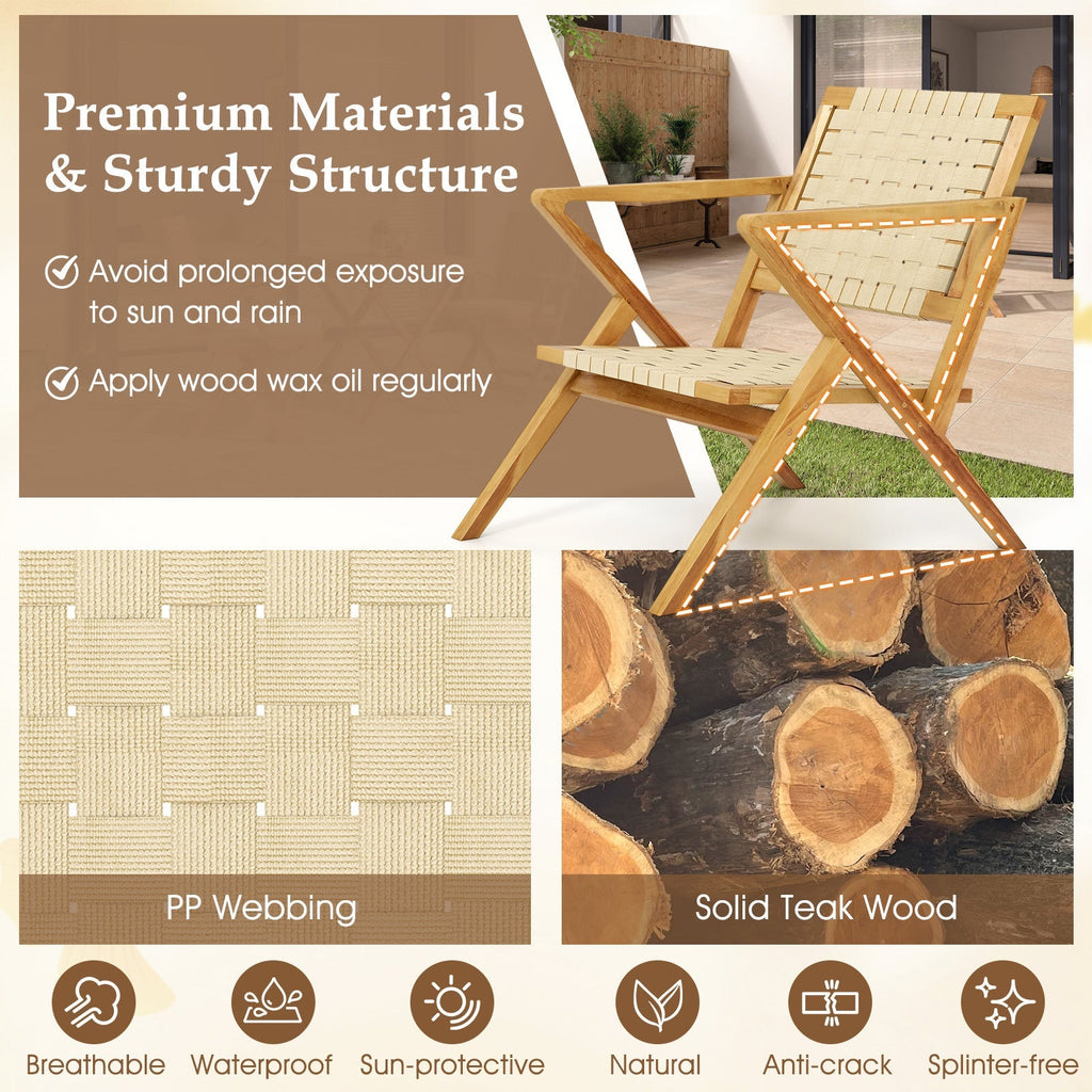 Outdoor and Indoor Teak Wood Patio Chair wuth Webbing Seat and Backrest-Natural