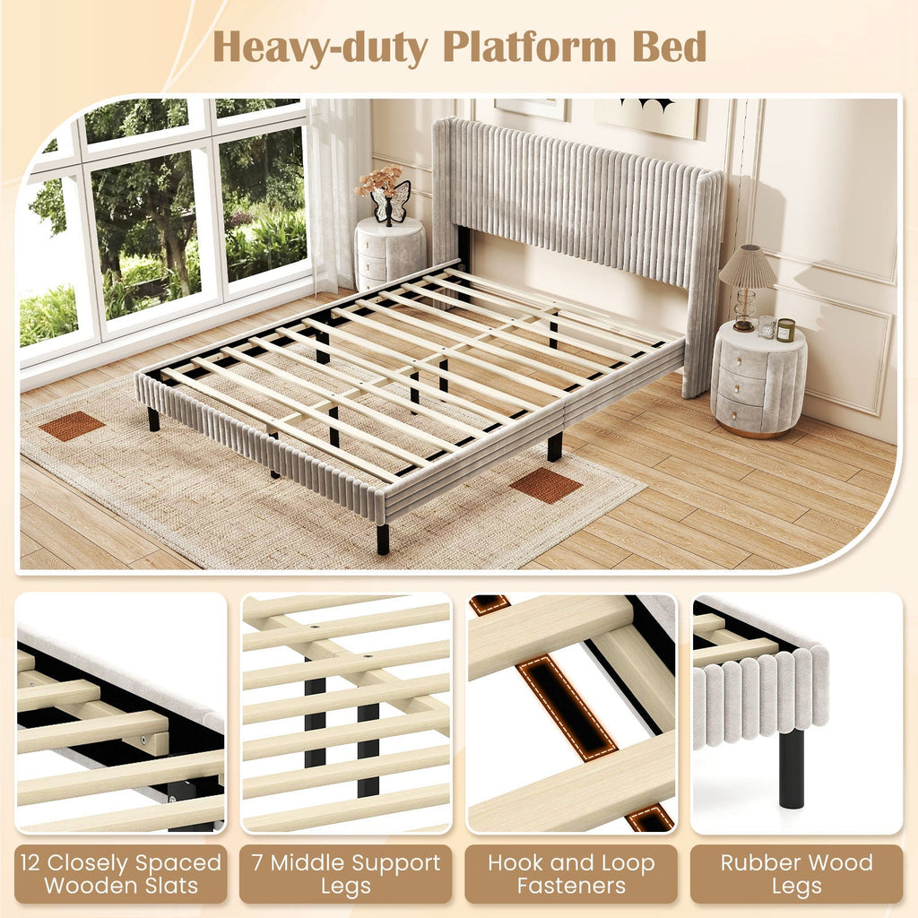 Queen Size Velvet Bed Frame with Vertical Channel Tufted Wingback Headboard-White
