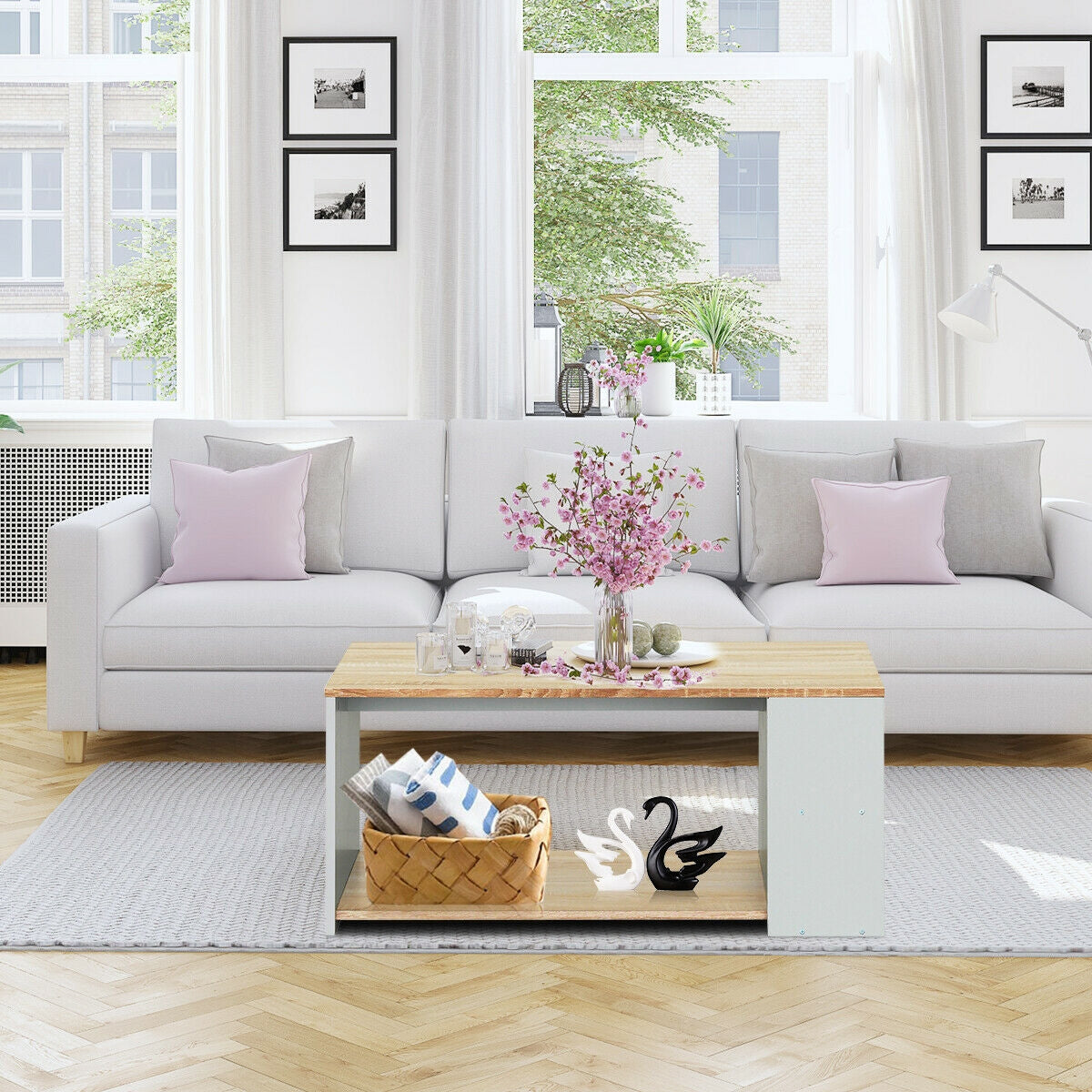 Coffee Table Sofa Side Table with Storage Shelves