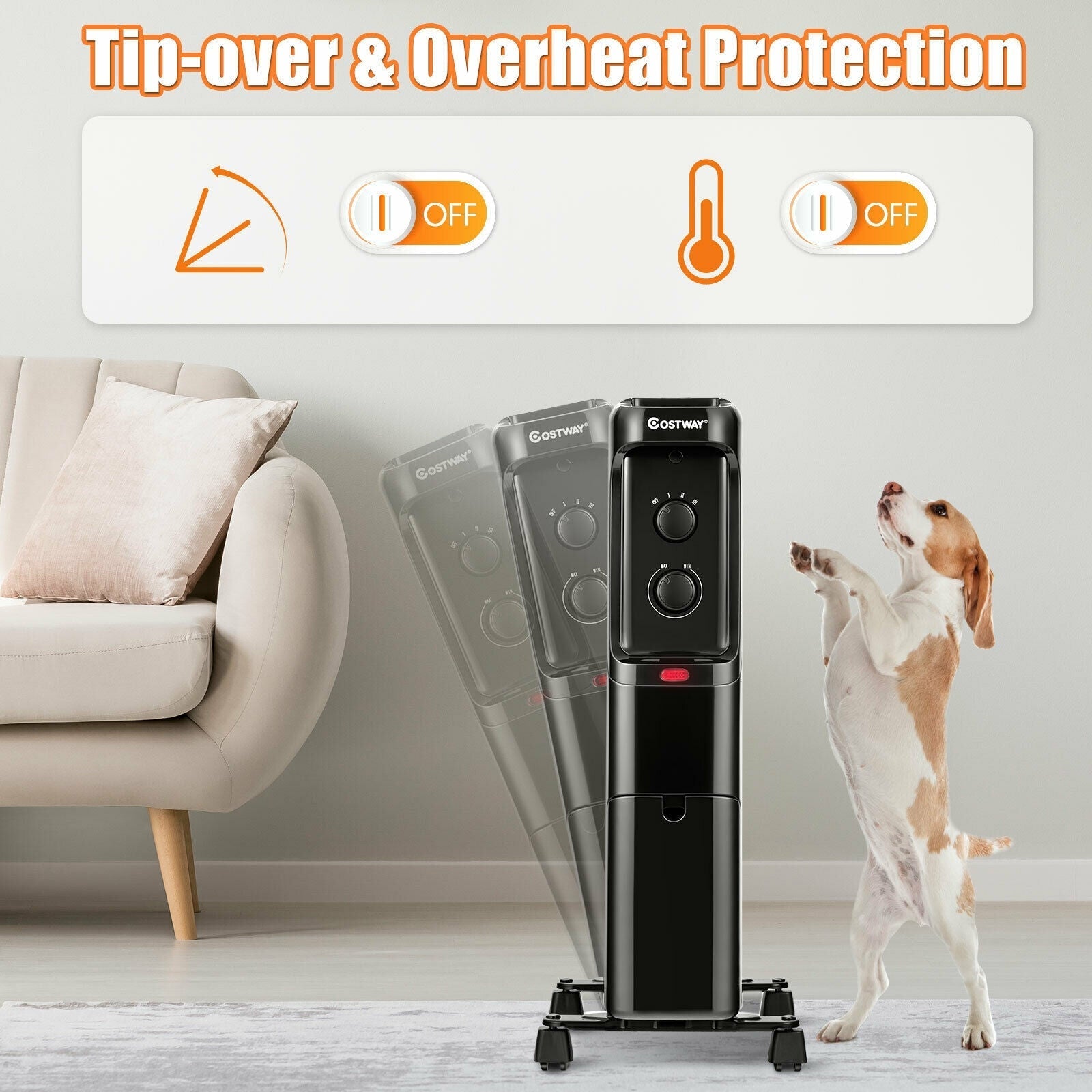 1500W Oil Filled Portable Radiator Space Heater with Adjustable Thermostat