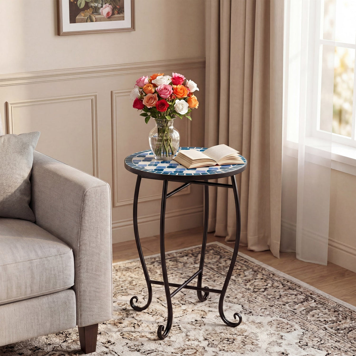14" Mosaic Patio Accent Table with Metal Frame