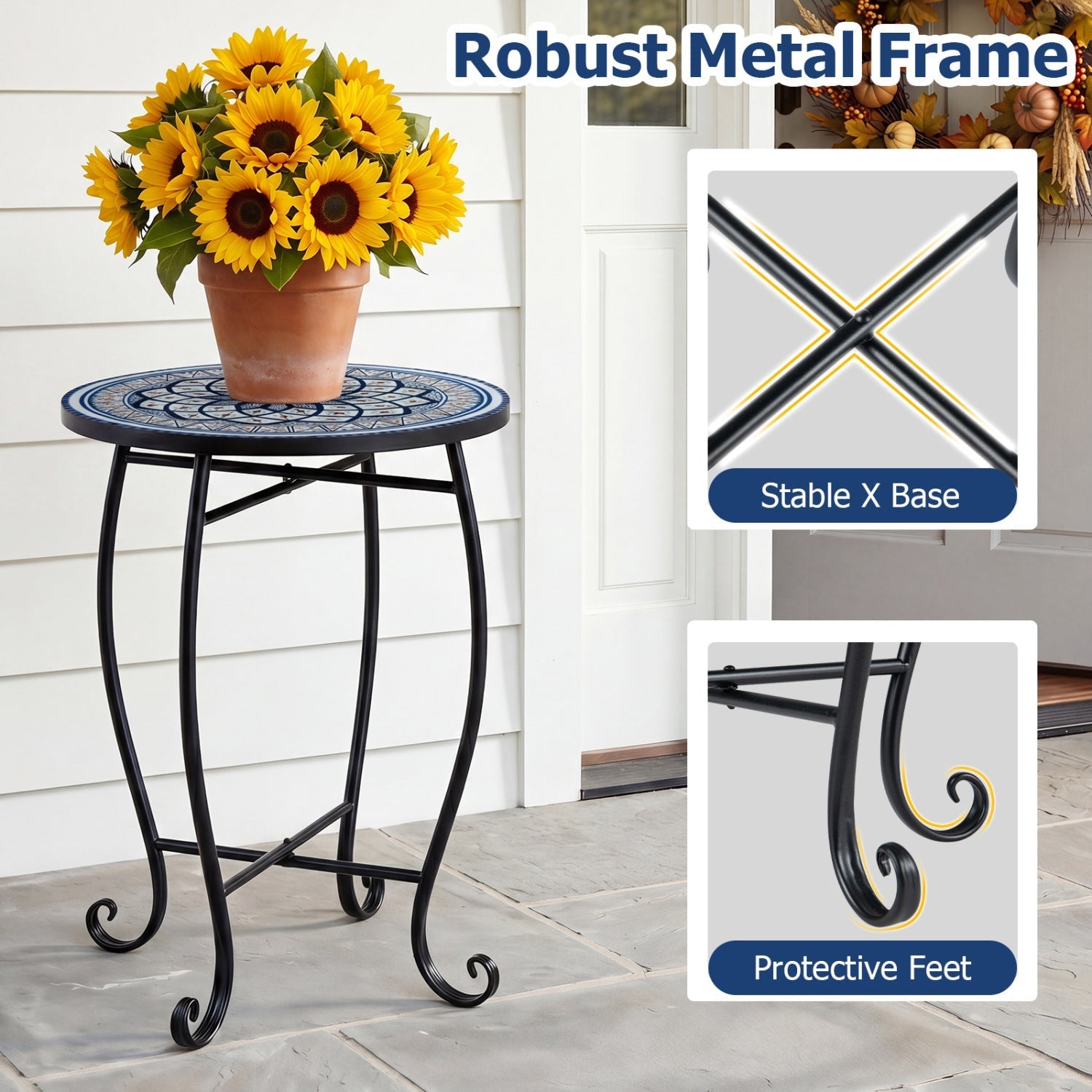 14" Mosaic Patio Accent Table with Metal Frame