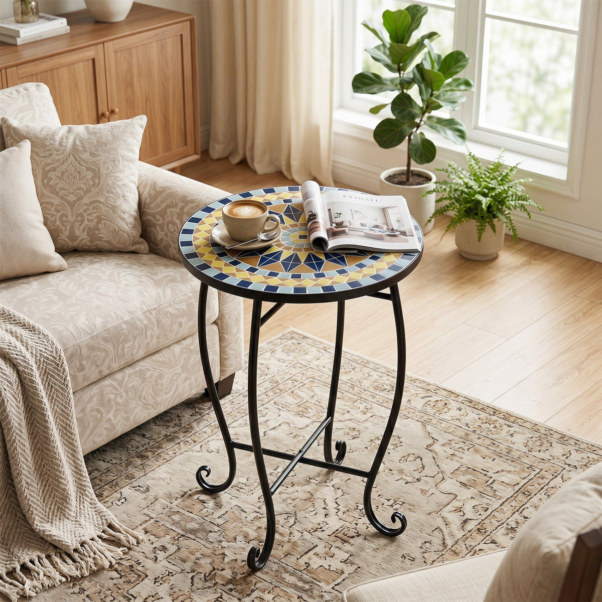 14" Mosaic Patio Accent Table with Metal Frame